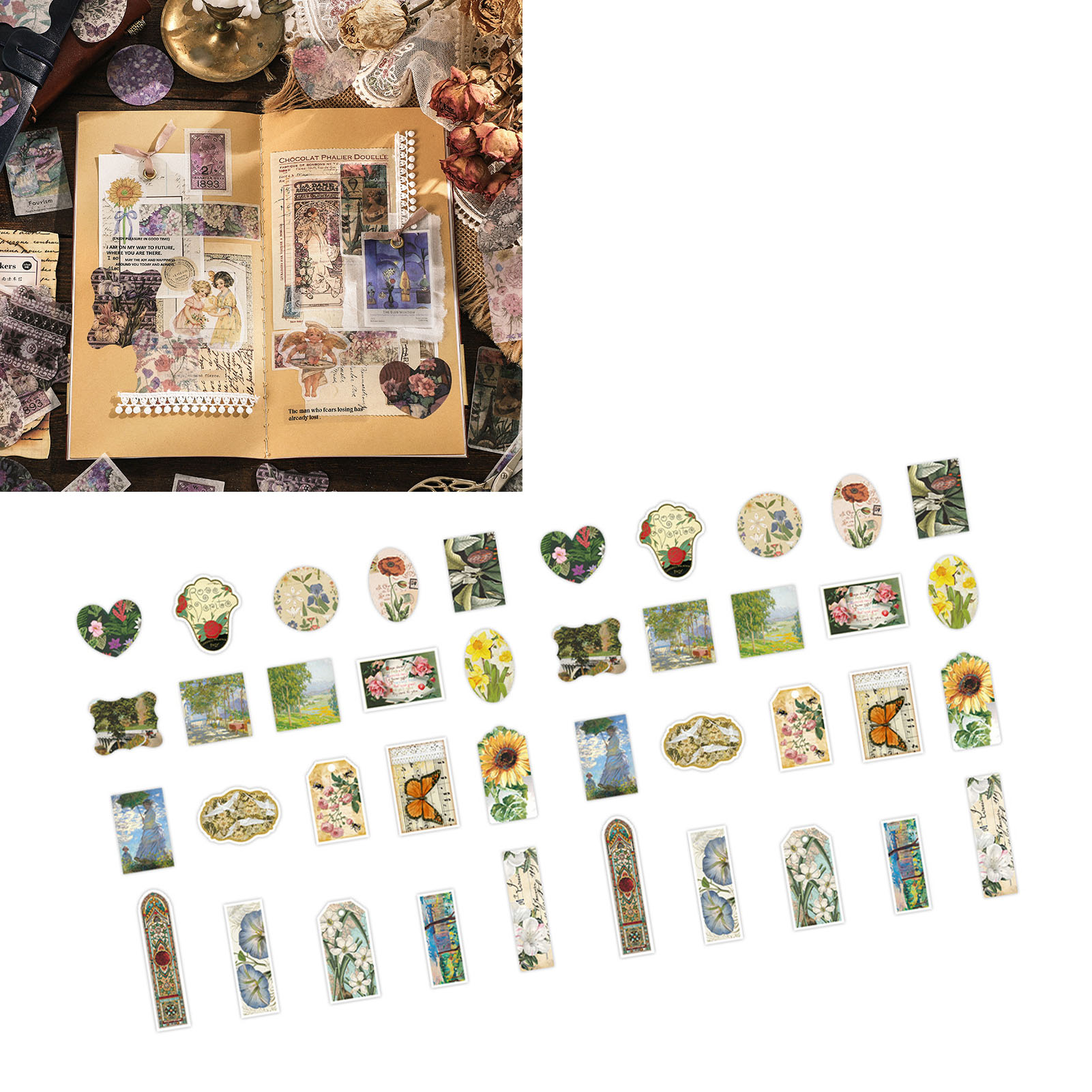 Set Mit 40 Selbstklebenden Etiketten Im Retro-blumenmuster Für Kreatives Journaling, Diy-scrapbooking-dekorationen, Vintage-blumenmuster, Papieraufkleber, Typ 2