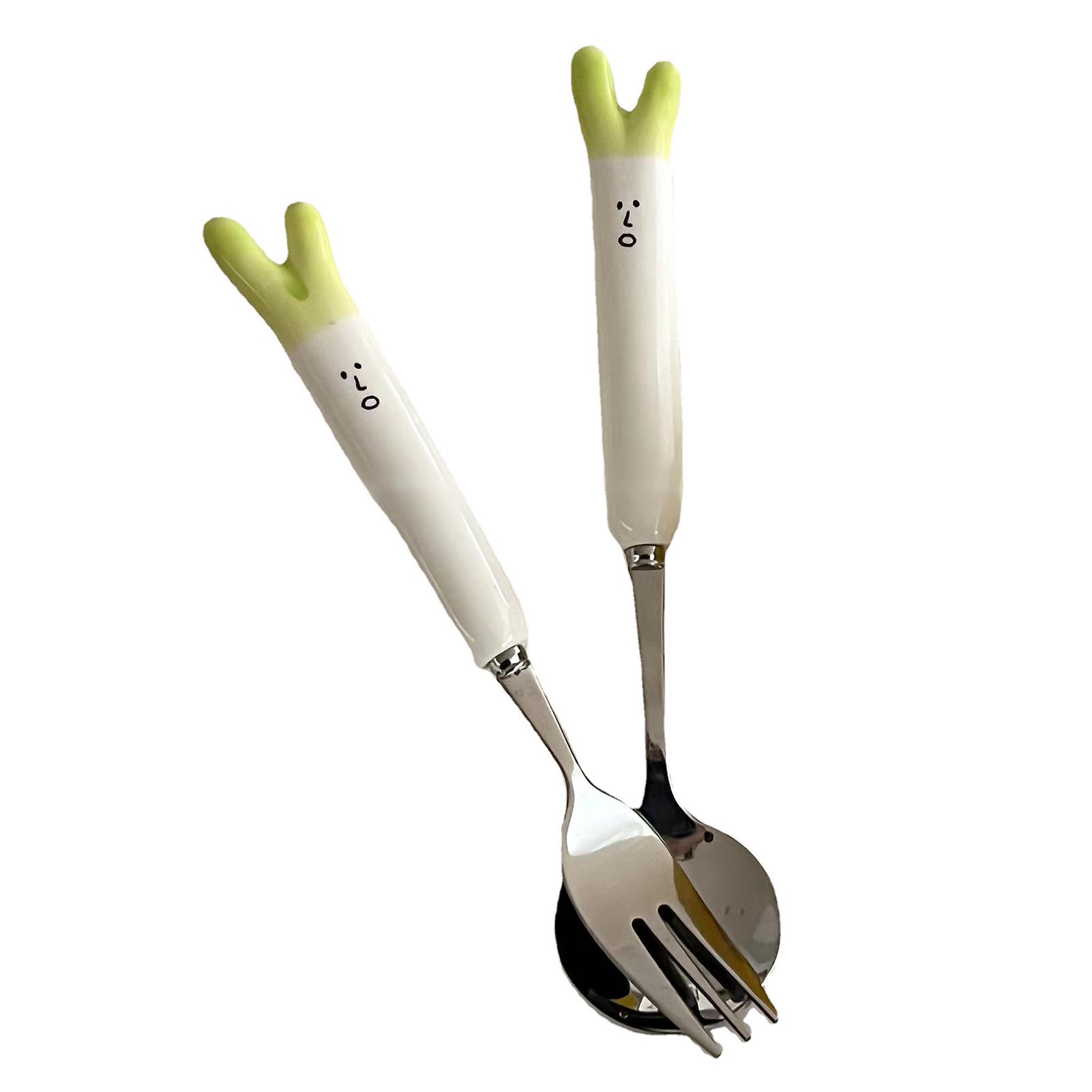 Niedliches Besteckset Mit Frühlingszwiebelmotiv, Leichte Gabel Und Löffel Aus Edelstahl Mit Keramikeinsatz, Ideal Für Wohnzimmer Und Alltagstisch.