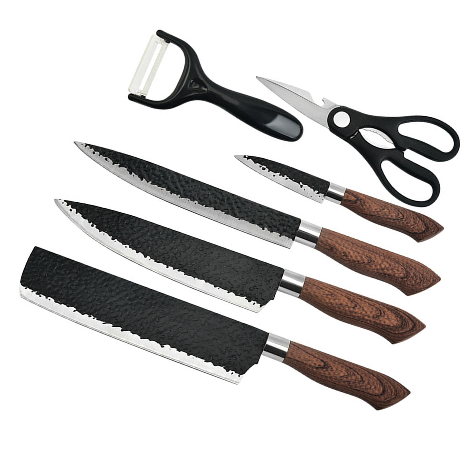6-teiliges Set Vielseitig Einsetzbarer, Gehämmerter Messer Mit Klingen Aus Edelstahl Und Ergonomischen Holzgriffen Für Die Heimische Küche