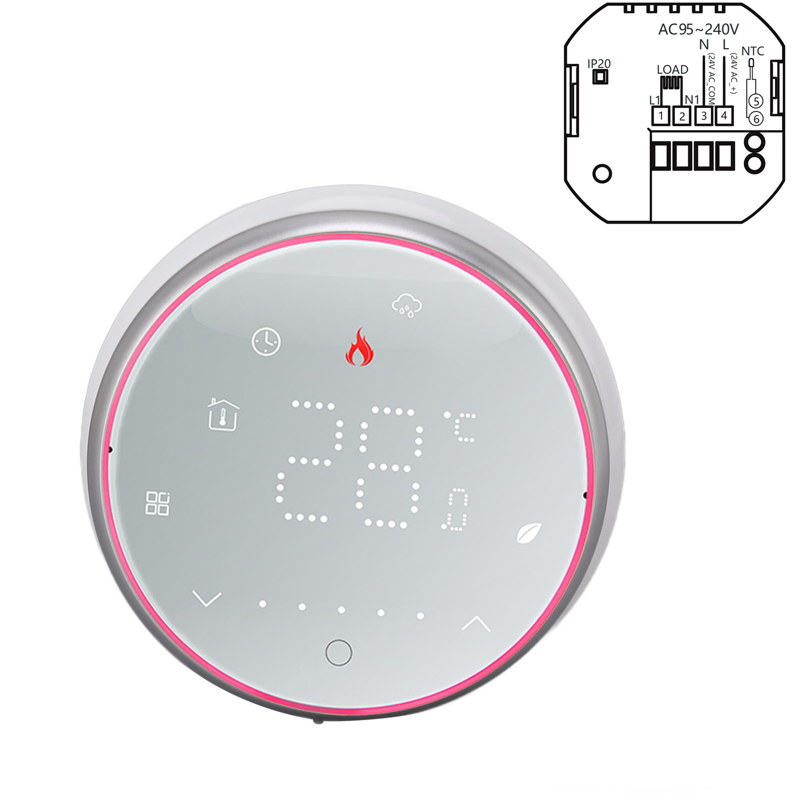 Programmierbarer Thermostat Für Elektrische Heizung, 13 Mm Rundes Einbaupanel, Led-anzeige, Smarte Drahtlose Steuerung, 95-240 V Ac, Weiß, Moderner Wandregler.