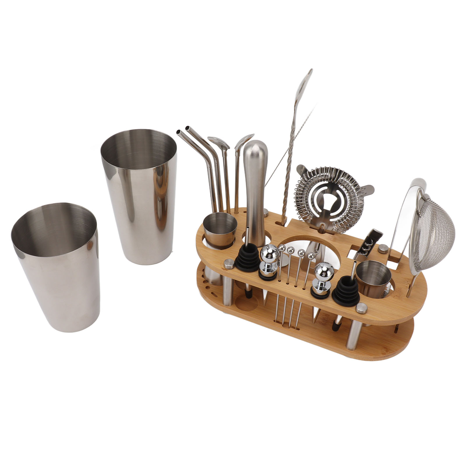 Cocktailset Aus Edelstahl Mit Bambusständer, Komplettes Barset Für Bar, Party, Club, Mixologie, Cocktailshaker Mit Zubehör