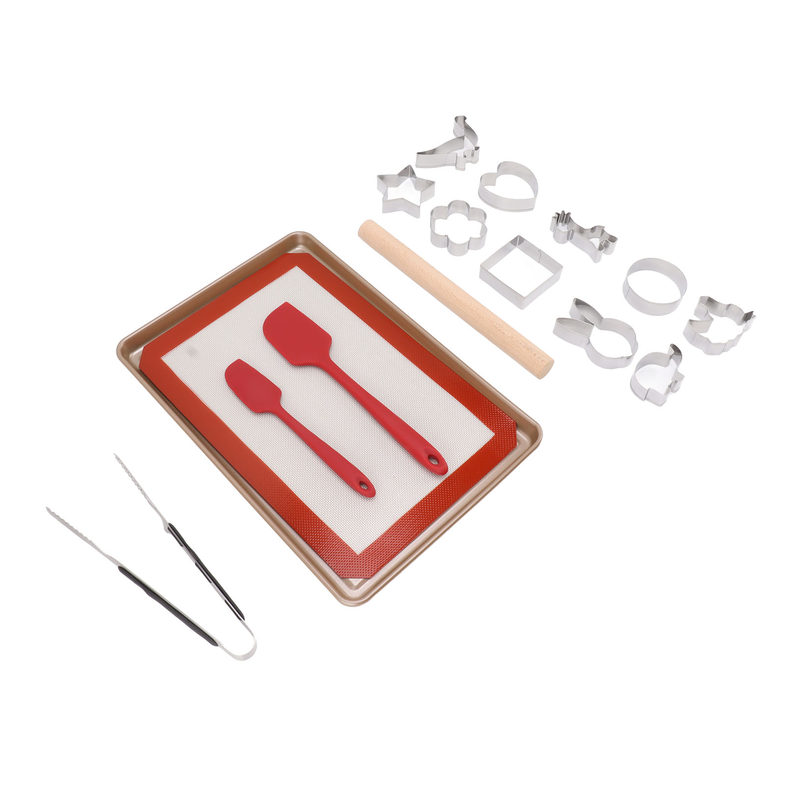 Set Mit 4 Ausstechformen Aus Kohlenstoffstahl, Inklusive Backblech, Backmatte, Nudelholz Und Spatel