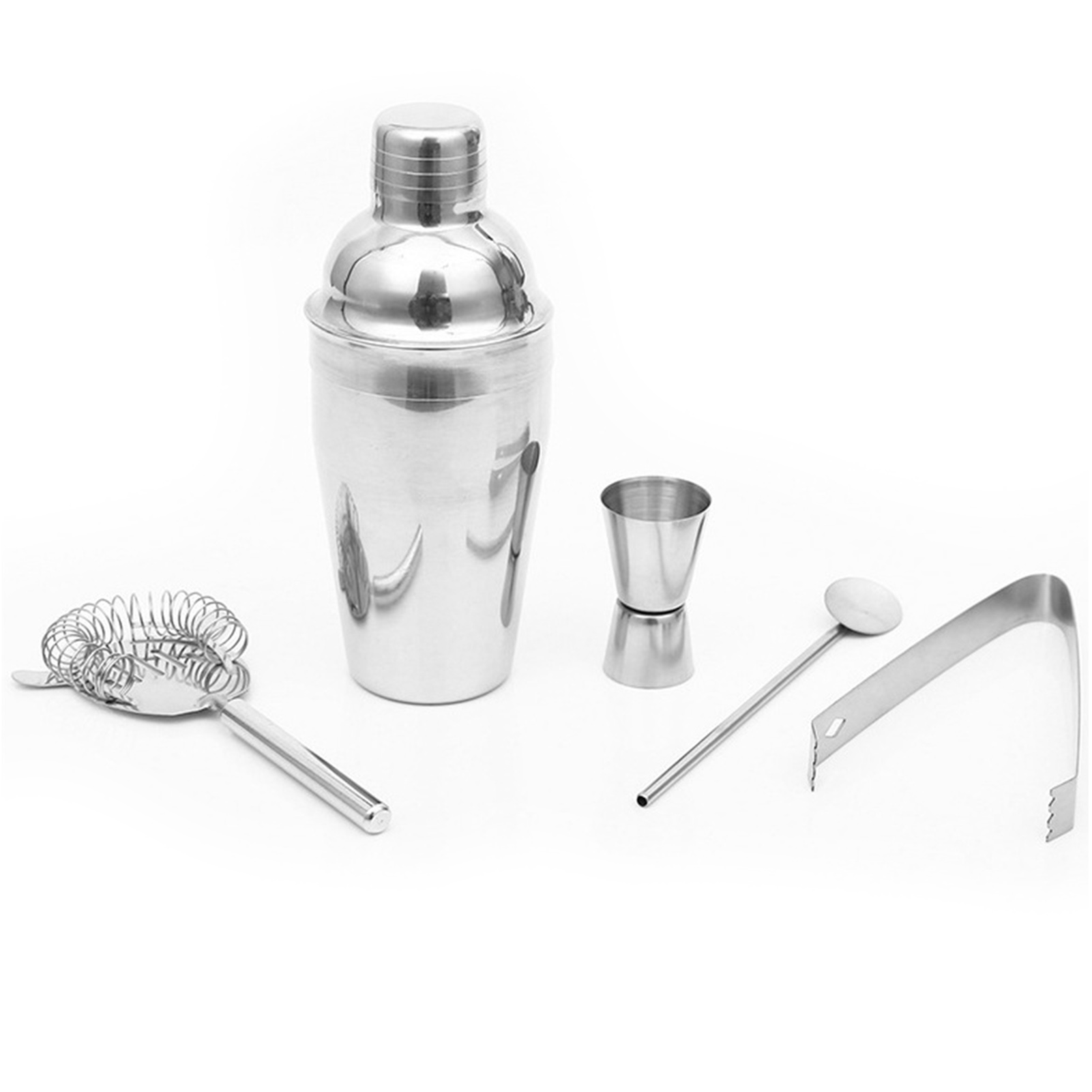 5-teiliges Cocktailshaker-set Aus Edelstahl (750 Ml) Mit Mixlöffel, Messbecher, Zange Und Barsieb.