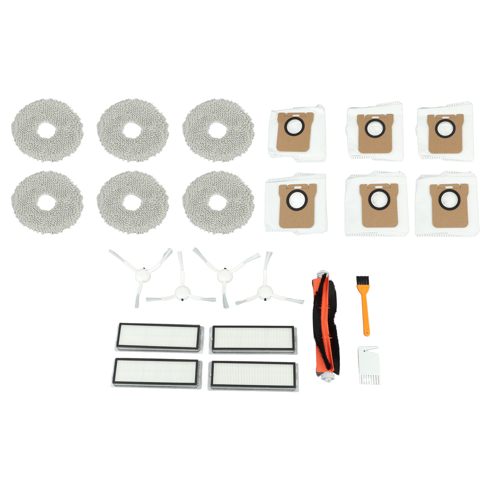 Dreame Staubsauger-zubehörset: 1 Walzenbürste, 4 Seitenbürsten, 4 Filter, 6 Wischpads, 6 Staubbeutel, 1 Weiße Bürste, 1 Gelbe Bürste