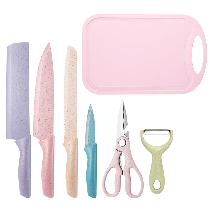 Set Mit 7 Korrosionsbeständigen Küchenmessern, Rostfreien, Scharfen Klingen, Inklusive Schneidebrett Und Oxidationsbeständiger Oberfläche