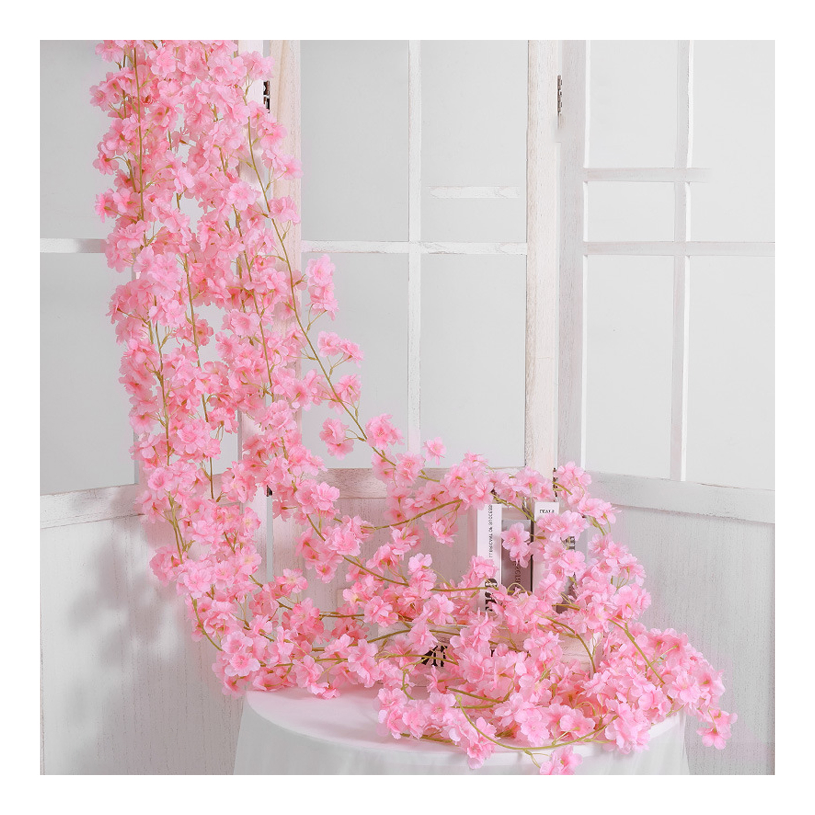 Künstlicher Rattanblumenkranz, 1,8 M, 135 Blütenköpfe, Hellrosa, Dekorative Seide Und Kunststoff, Hängedekoration