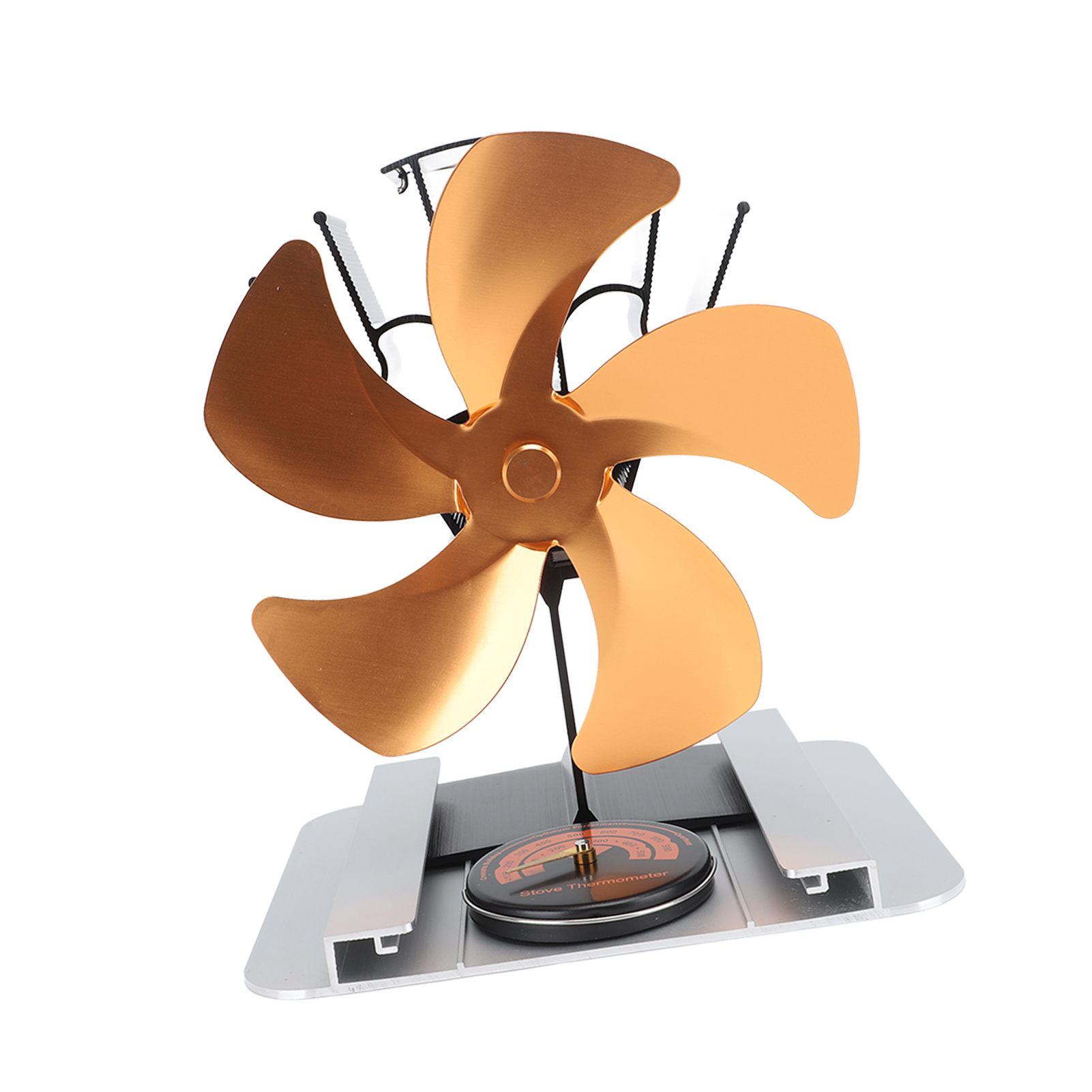 5-flügeliger Ofenventilator Aus Aluminiumlegierung, Vertikal, Mit Thermometer, Für Kamin, Holz- Oder Petroleumofen, Goldfarben