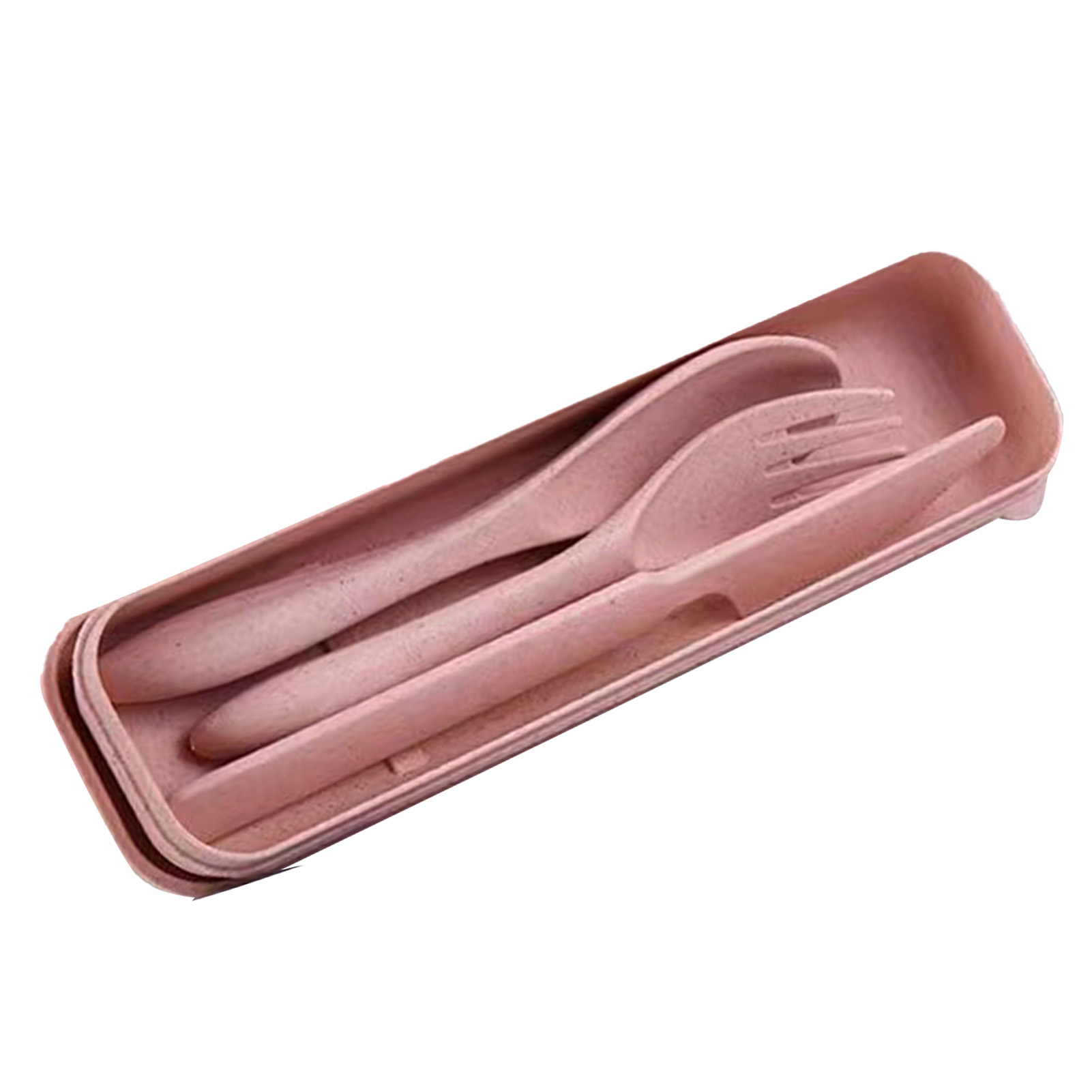 Modernes Besteckset Aus Weizenstroh, Bestehend Aus Gabel, Löffel, Messer Und Einer Praktischen Box Für Büro, Schule Und Picknick, Rosa