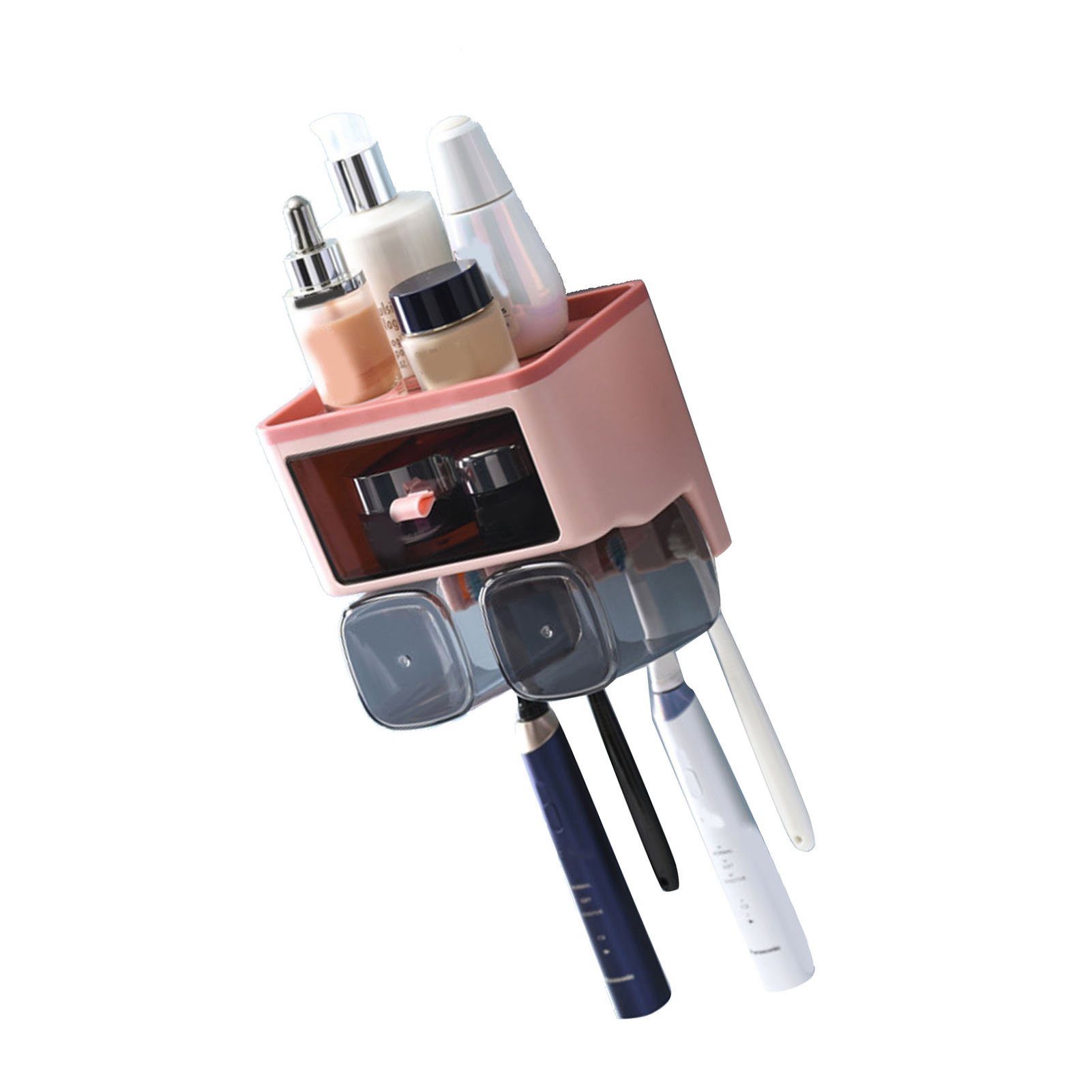 Wandmontierter Zahnbürstenhalter Ohne Bohren, Mundwasserbecherhalter, Badezimmerregal, Rosa, Mit 2 Gläsern