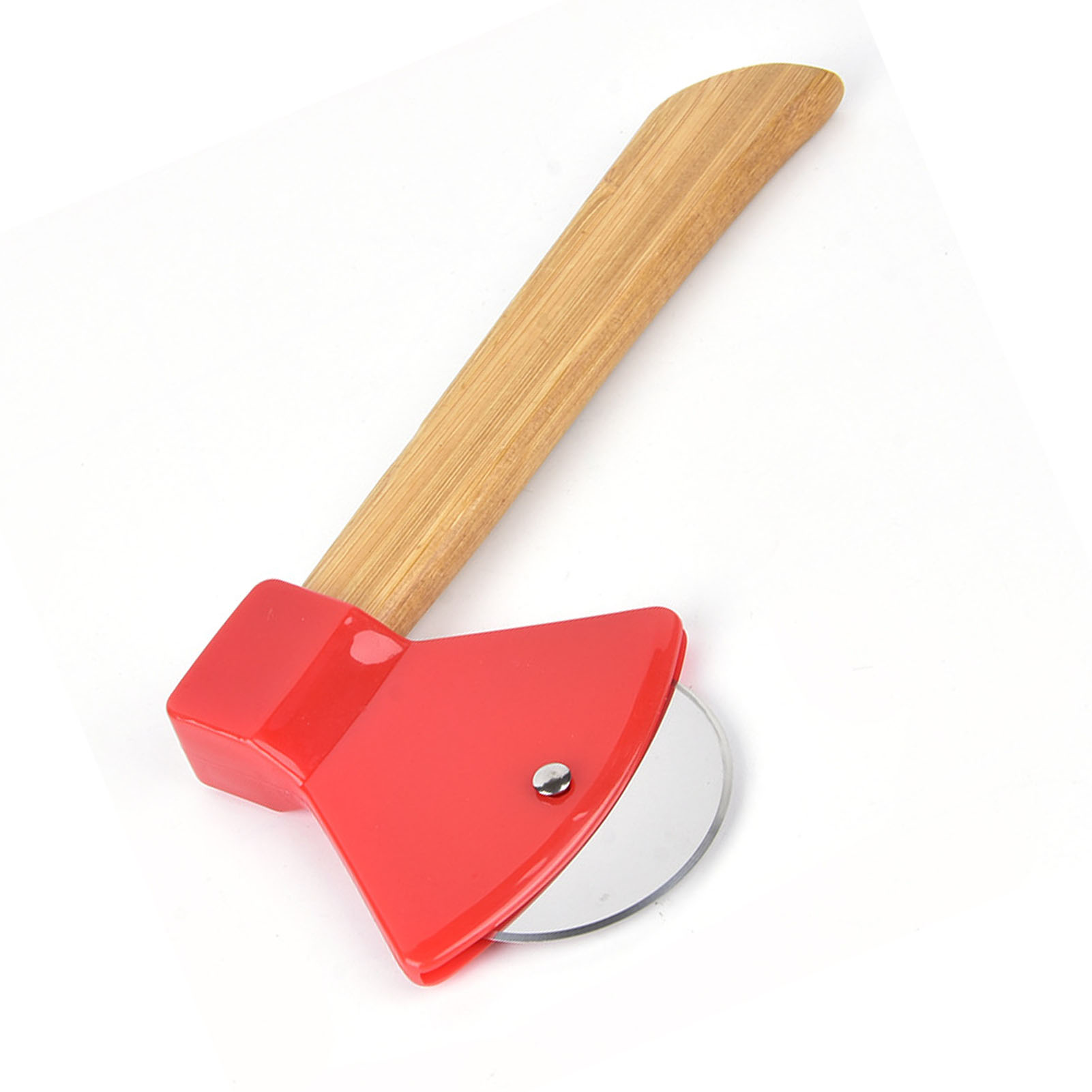Pizzamesser Aus 430er Stahl Mit Ergonomischem Pp-bambusgriff, Runder, Axtförmiger Pizzaschneider Für Zuhause Und Restaurants, Rot