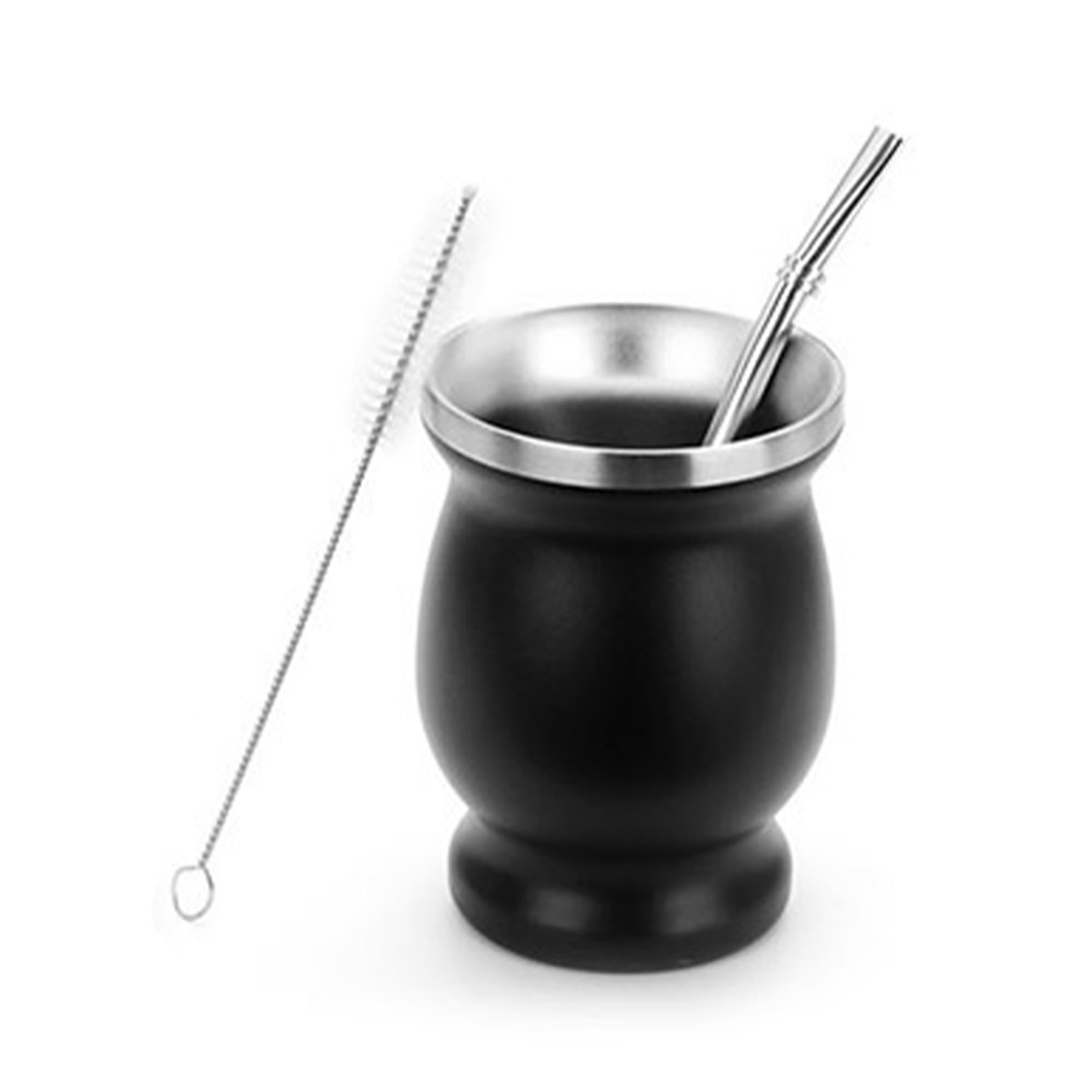 Set Aus Schwarzen Edelstahl-yerba-mate-bechern Mit Strohhalm Und Reinigungsbürste Zur Zubereitung, Geschenkidee