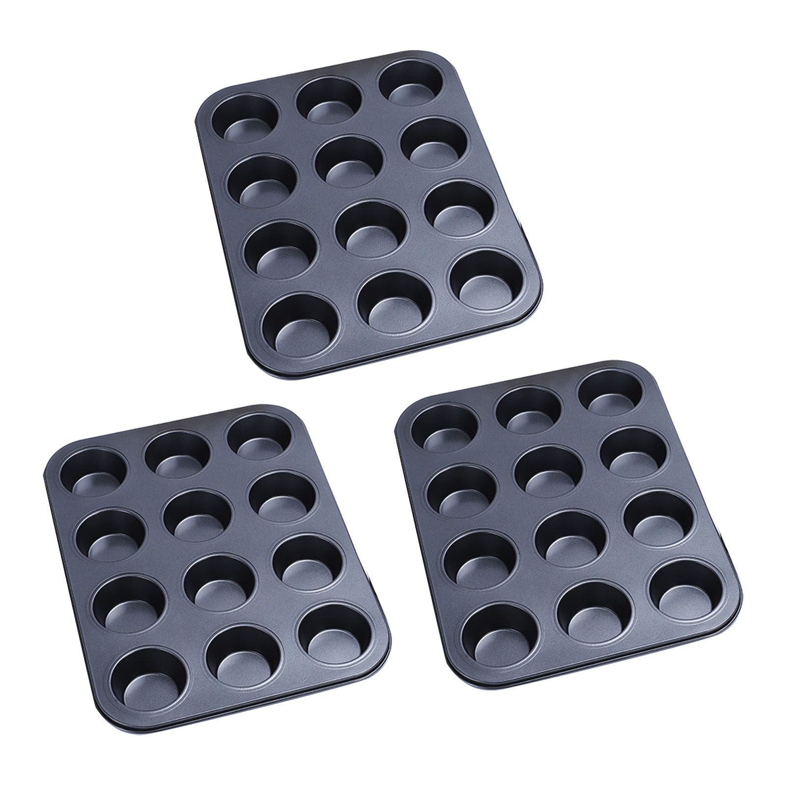 12-teiliges Cupcake-backblech Aus Kohlenstoffstahl, 3er-set Runde, Antihaftbeschichtete Backbleche Für Muffins, Törtchen Und Kuchen, Schwarz, 12 Mulden, Langlebiges Backutensil