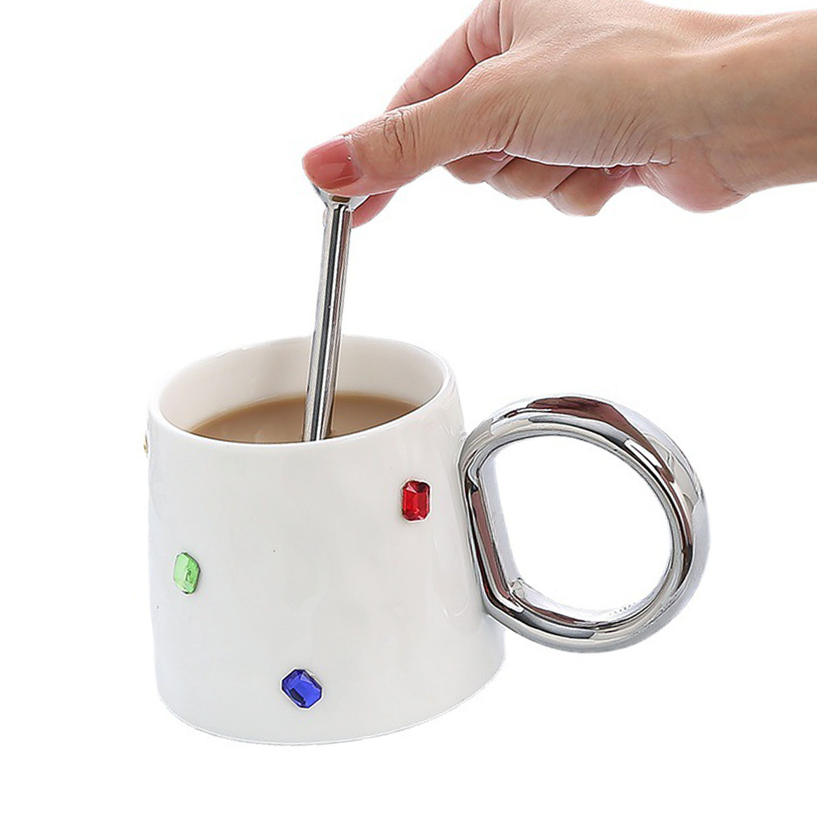 Weiße Keramik-kaffeetasse Mit Farbenfroher Steindekoration, Schlichtes Und Elegantes Design, Runder Henkel, Ideal Für Zuhause, Unterwegs Oder Als Geschenk