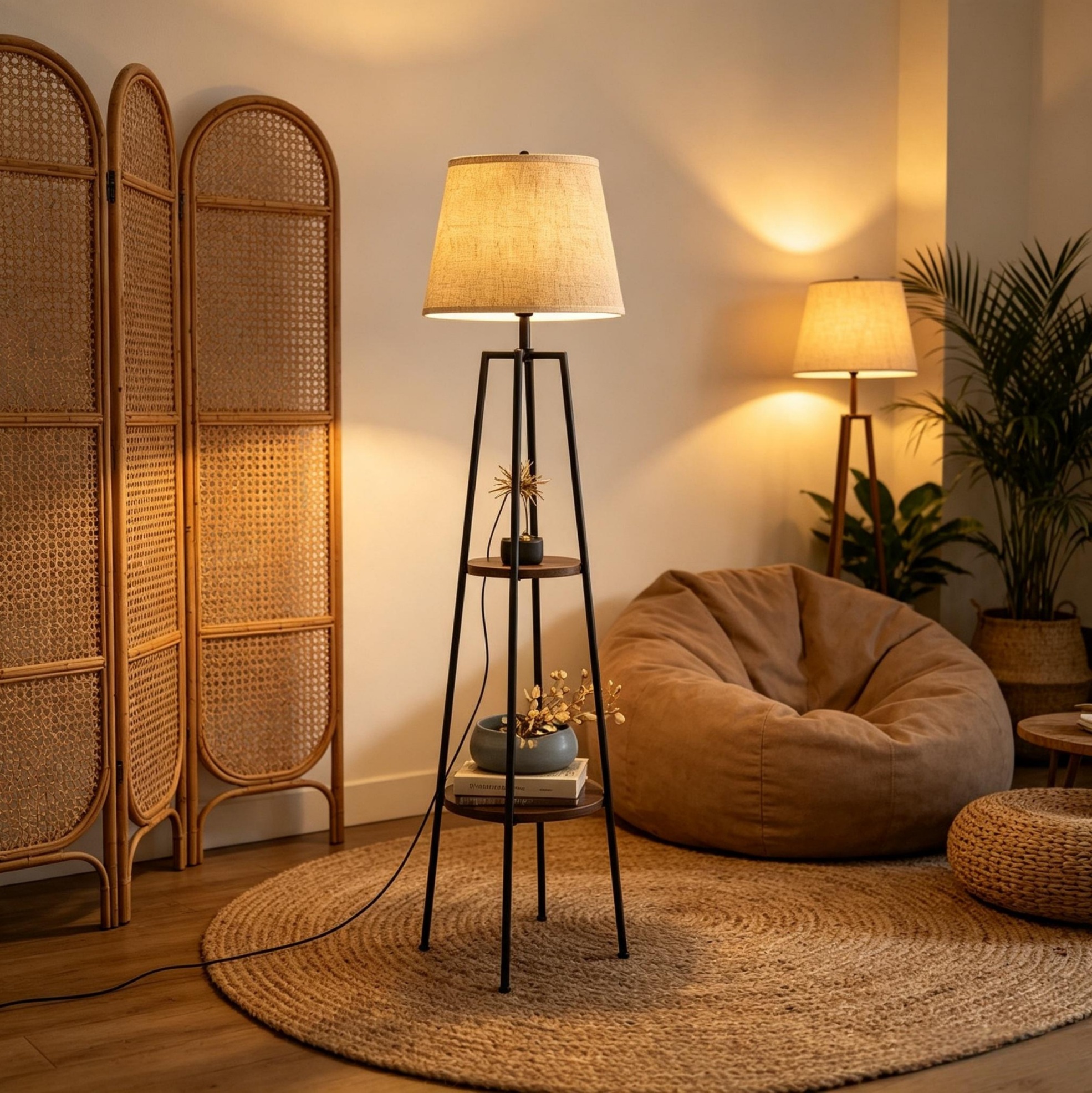 Moderne Stehlampe Mit 2 Integrierten Regalen, Dreibein, 42 X 42 X 166 Cm, Schwarz/braun Okmyhome
