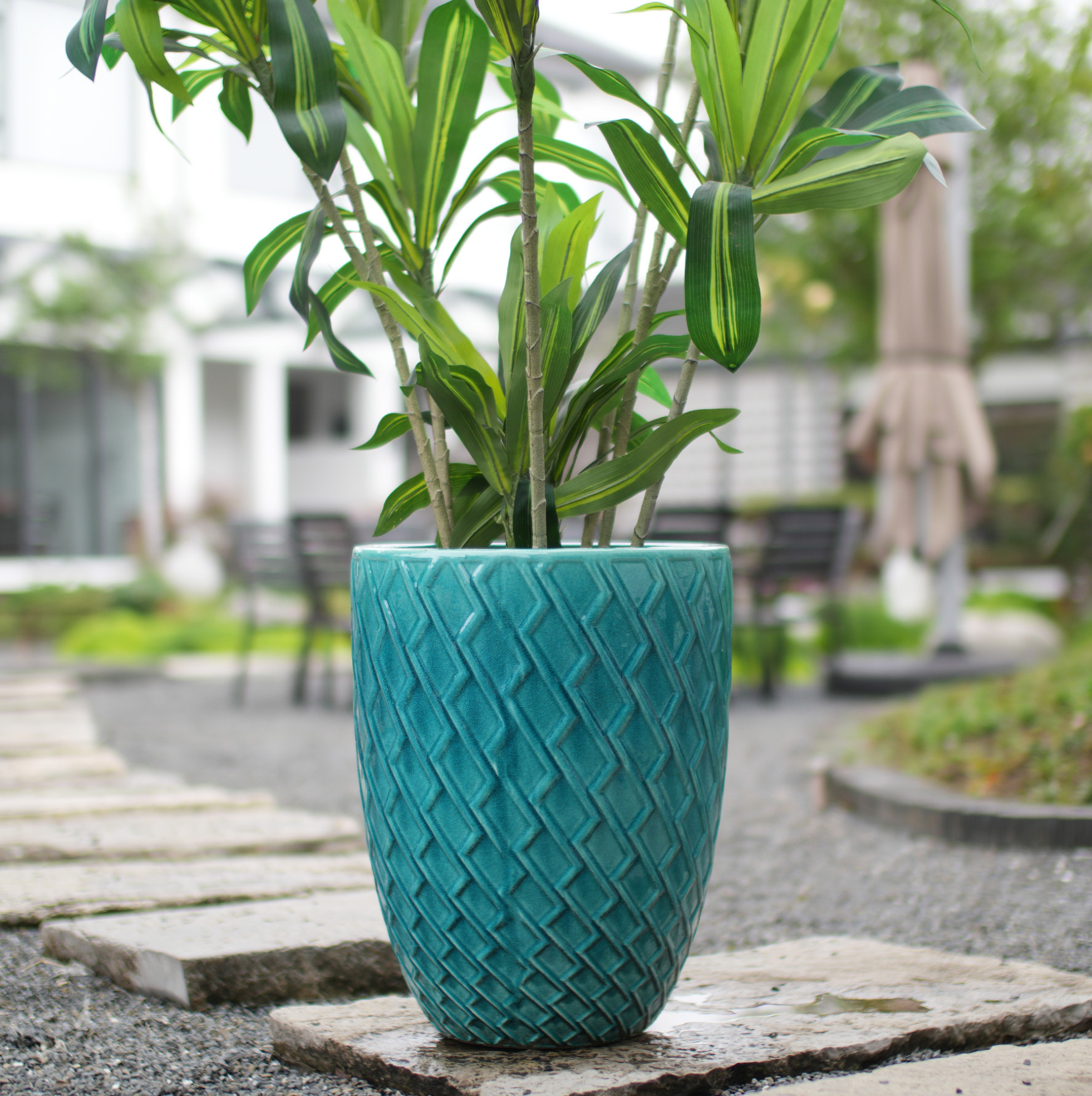 Großer Keramik-blumentopf 42 X 54 Cm, Glänzend Cyanblau, Rautenmuster, Okmyhome