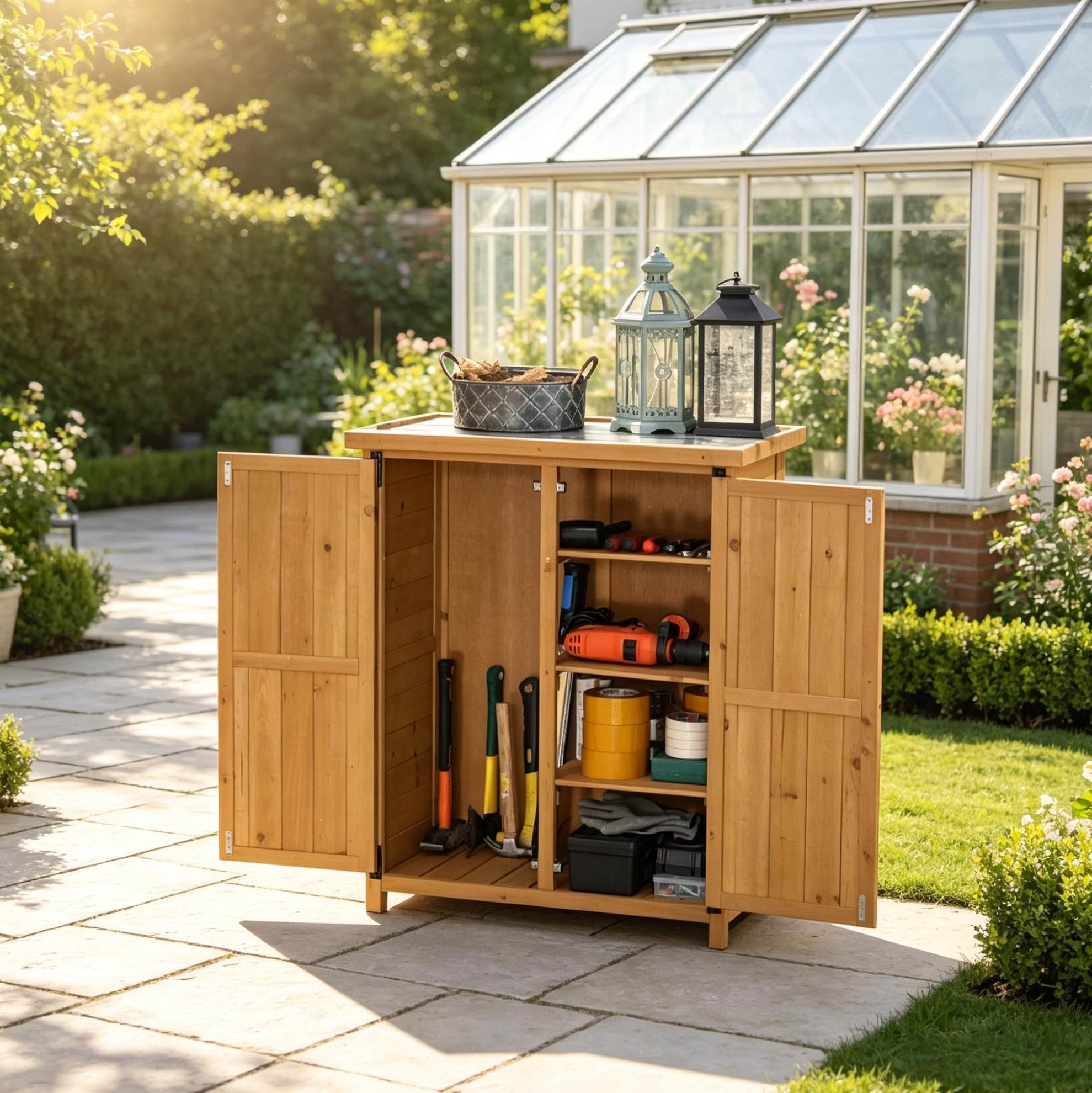 Gartenschrank Aus Tannenholz, 75 X 40 X 90 Cm, Gelb, Mit 2 Türen Und 3 Regalen Okmyhome