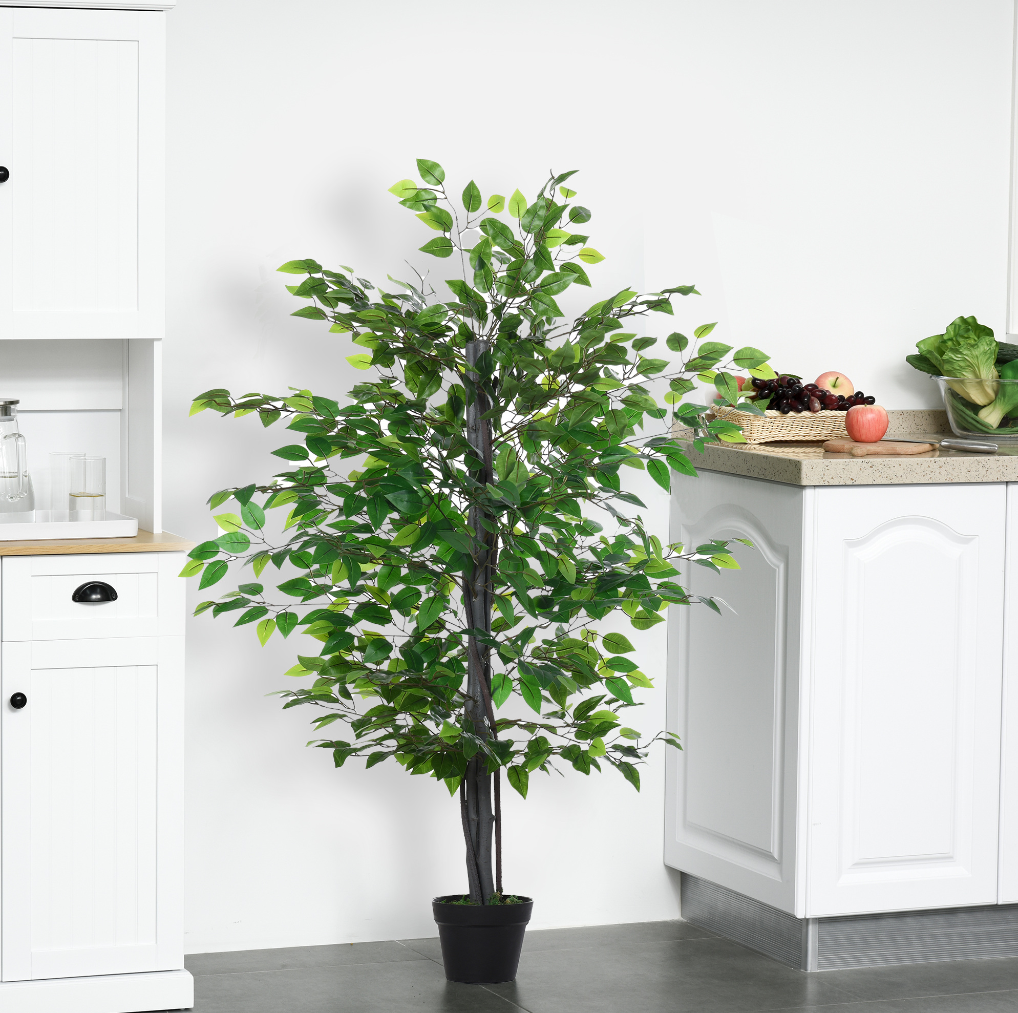 Dekorativer Künstlicher Banyanbaum 145 Cm, 756 Blätter, Schwarzer Topf