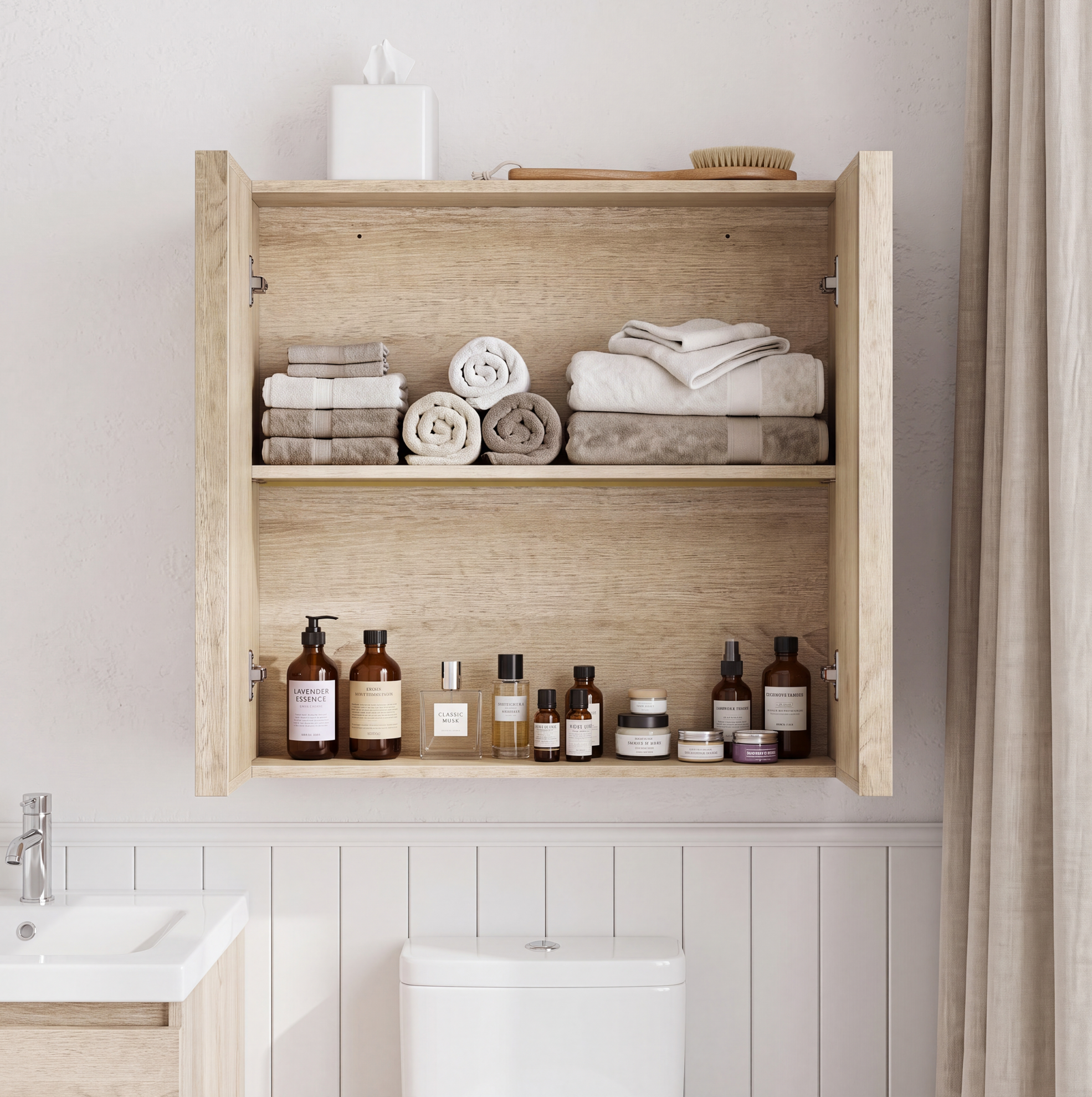Badezimmerschrank Wandhängend Mit 2 Türen, Grifflos, 60 X 21,6 X 58 Cm, Eichenoptik Okmyhome