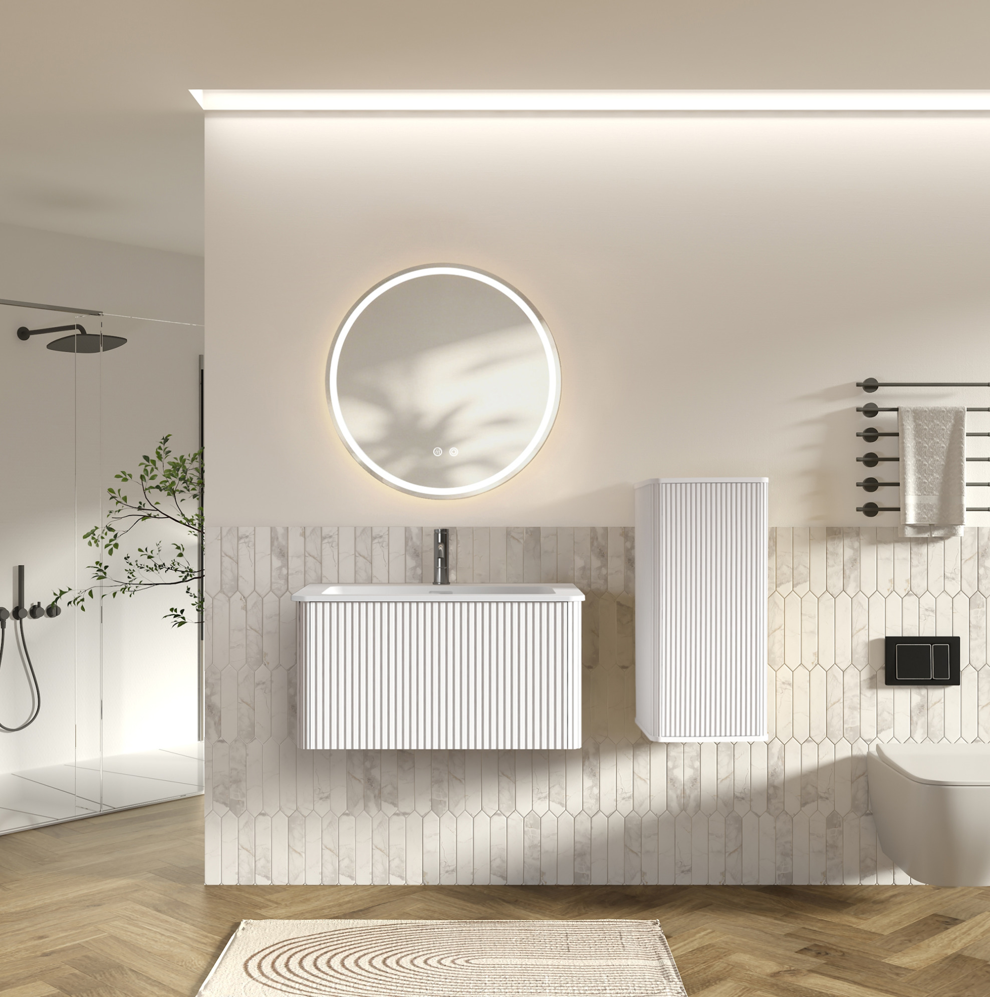 Waschbeckenunterschrank Mit Waschbecken, Led-spiegel Und Seitenschrank, 80 Cm Breit, Weiß Okmyhome