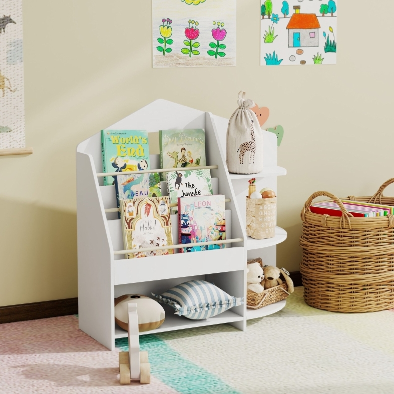 Kinderregal Mit 7 Fächern Für Bücher Und Spielzeug, Abgerundete Kanten, Fsc-holz, Weiß Okmyhome