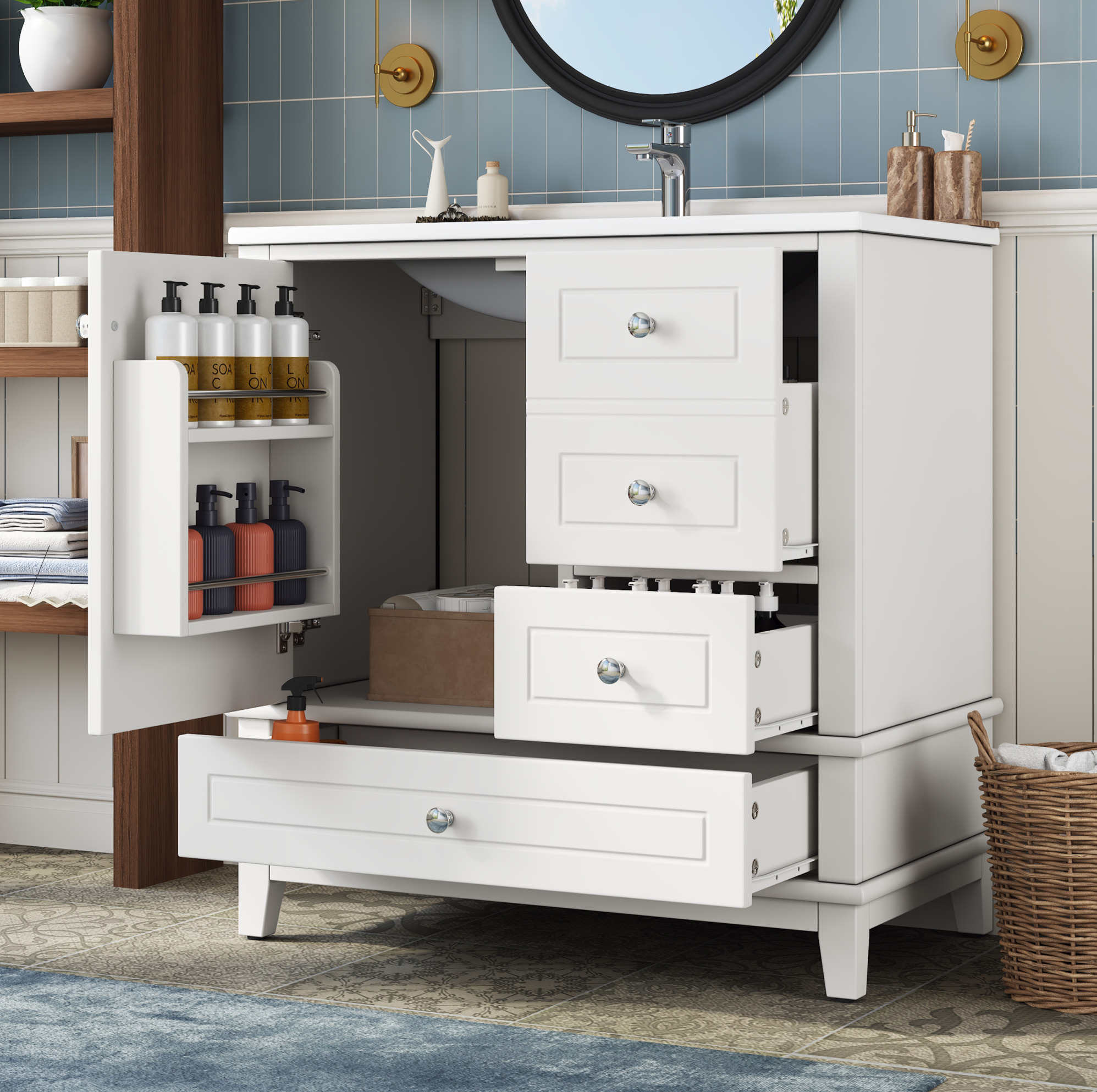 Waschtischunterschrank 81 Cm Weiß Glänzend Mit 3 Schubladen, Tür Und Waschbecken Okmyhome