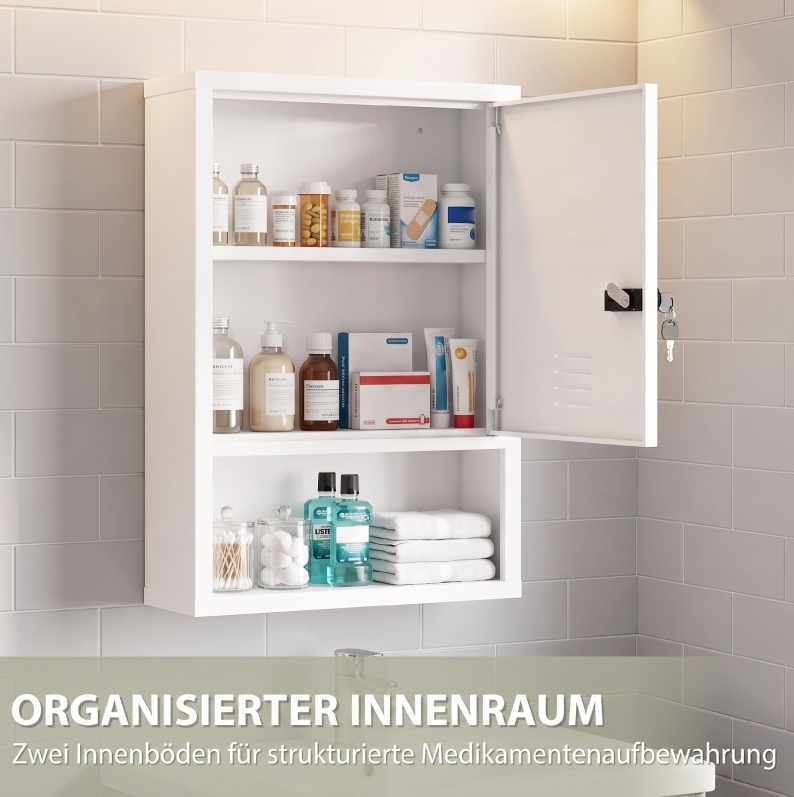 Abschließbarer Wandschrank Für Medikamente Mit Code Und Schlüssel, 3 Ebenen, Weiß Okmyhome