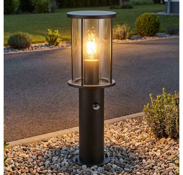 Stehleuchte Wegleuchte Gartenlampe Außenleuchte Mit Bewegungsmelder, Edelstahl Glas Rauch, E27, H 45 Cm