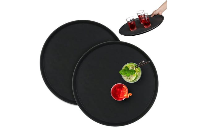 Relaxdays Serviertablett 2er Set, Rund Ø 45 Cm, Bartablett, Rutschfeste Oberfläche, Kellnertablett Gastronomie, Schwarz