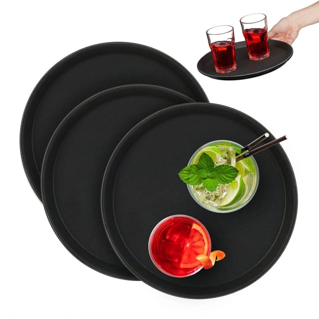 Relaxdays Serviertablett 3er Set, Rund Ø 28 Cm, Bartablett, Rutschfeste Oberfläche, Kellnertablett Gastronomie, Schwarz