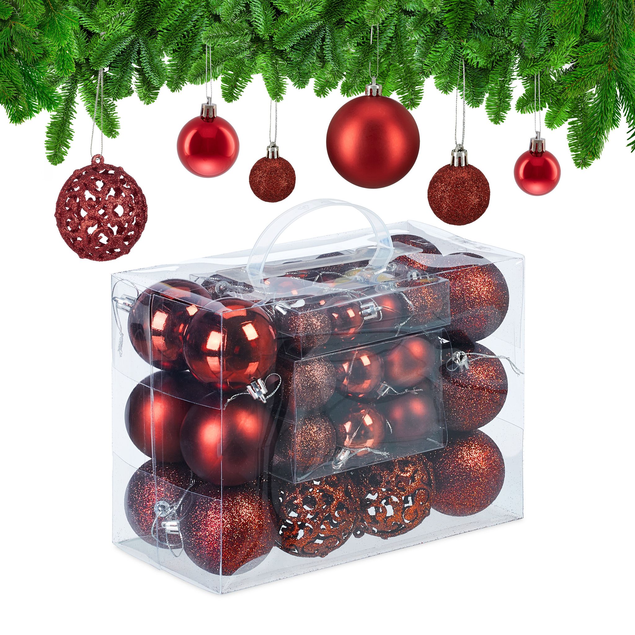 Weihnachtskugeln Im 50er Set, Glitzernde, Matte & Glänzende Christbaumkugeln, Kunststoff, ∅ 3, 4 & 6 Cm, Rot - Relaxdays