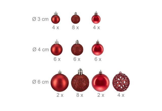 Weihnachtskugeln Im 50er Set, Glitzernde, Matte & Glänzende Christbaumkugeln, Kunststoff, ∅ 3, 4 & 6 Cm, Rot - Relaxdays