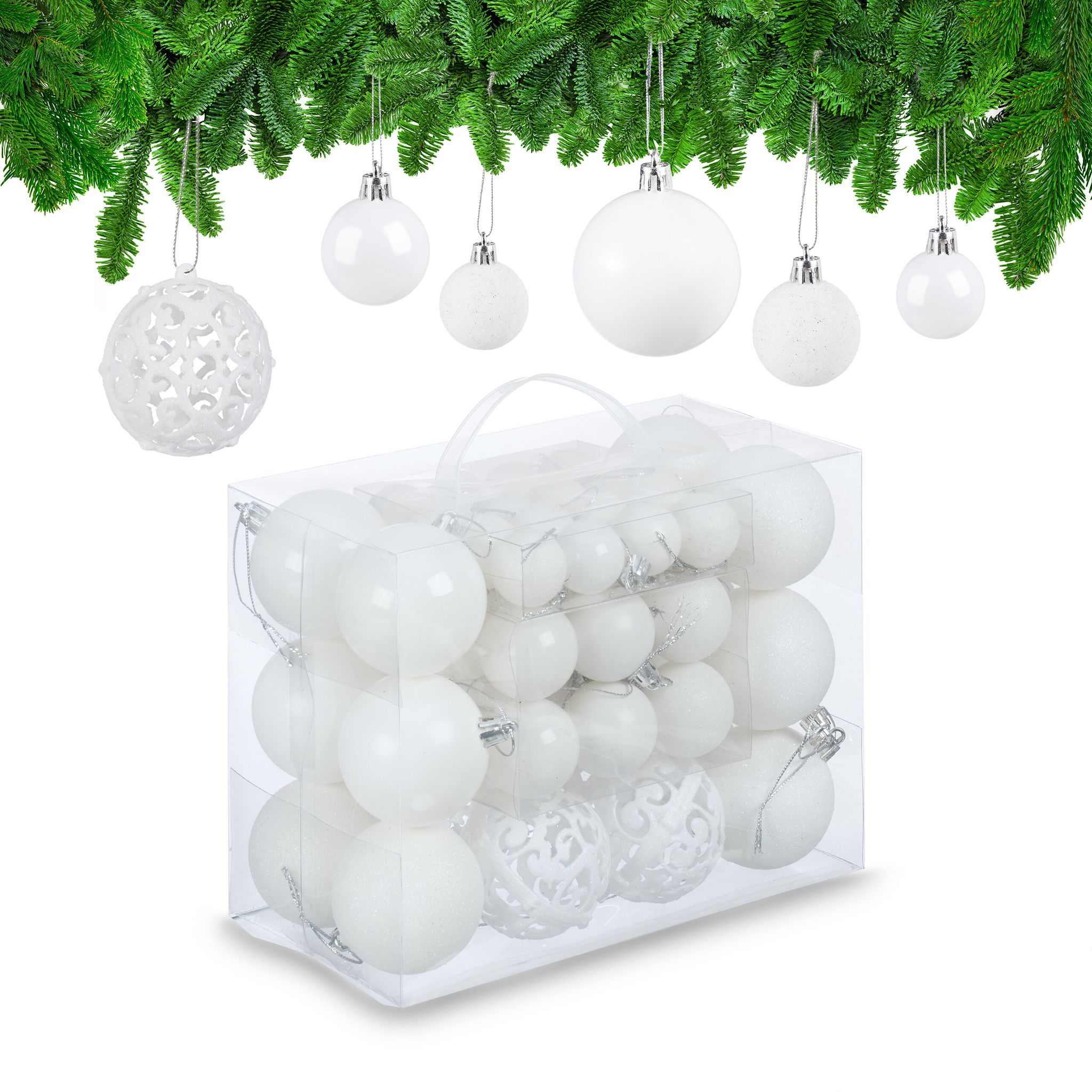 Relaxdays - Weihnachtskugeln Im 50er Set, Glitzernde, Matte & Glänzende Christbaumkugeln, Kunststoff, ∅ 3, 4 & 6 Cm, Weiß