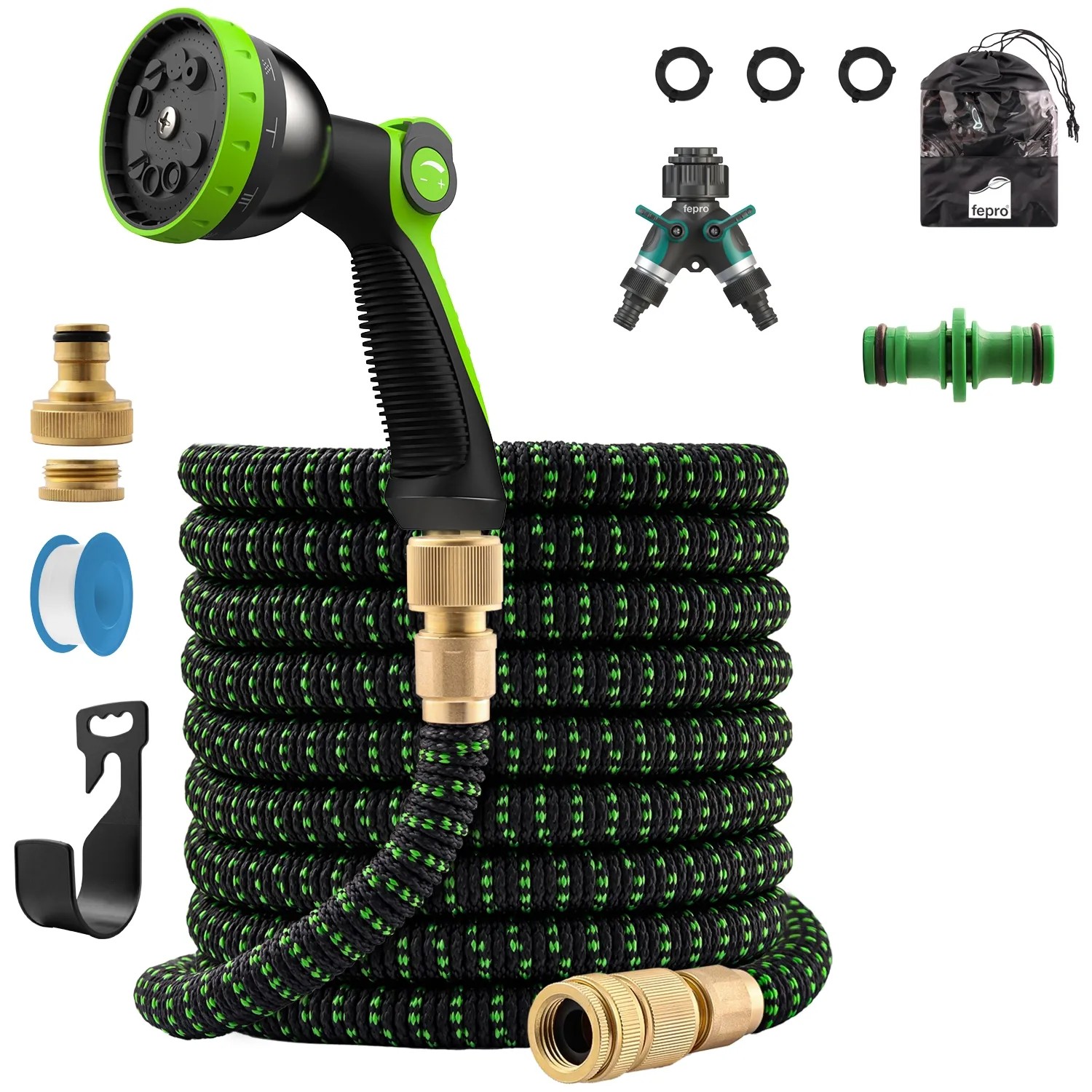 Fepro Flexibler Gartenschlauch Premium 7.5m inkl. Brause und Messing-Adapter