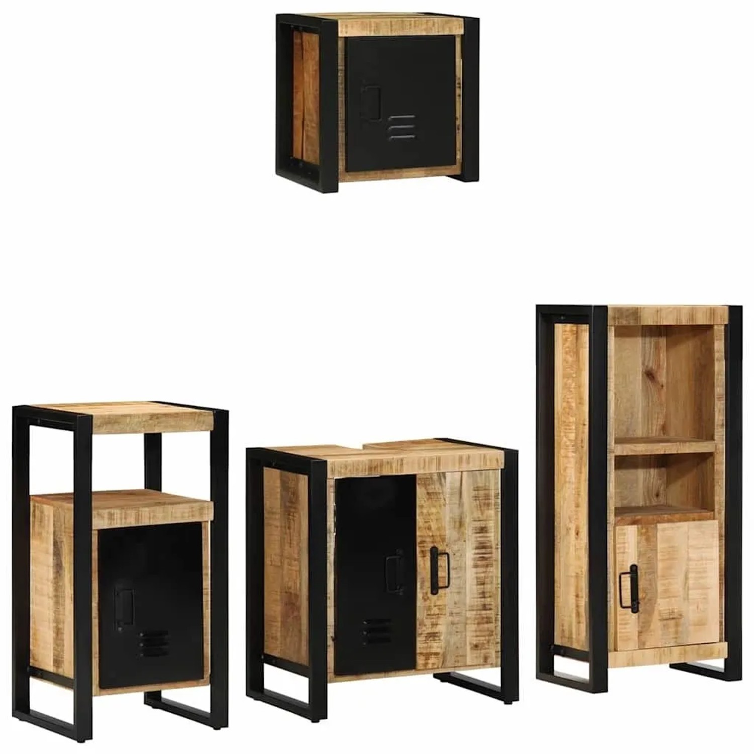 vidaXL Badezimmermöbel-Set 4 Tlg Braun und Schwarz Massivholz Mango 3305634