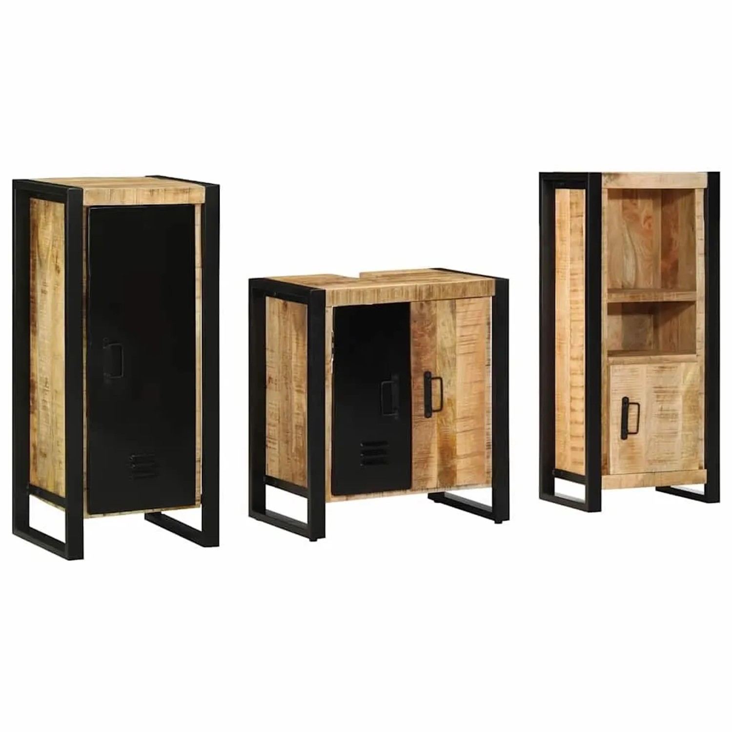 vidaXL Badezimmermöbel-Set 3 Tlg Braun und Schwarz Massivholz Mango 3305616