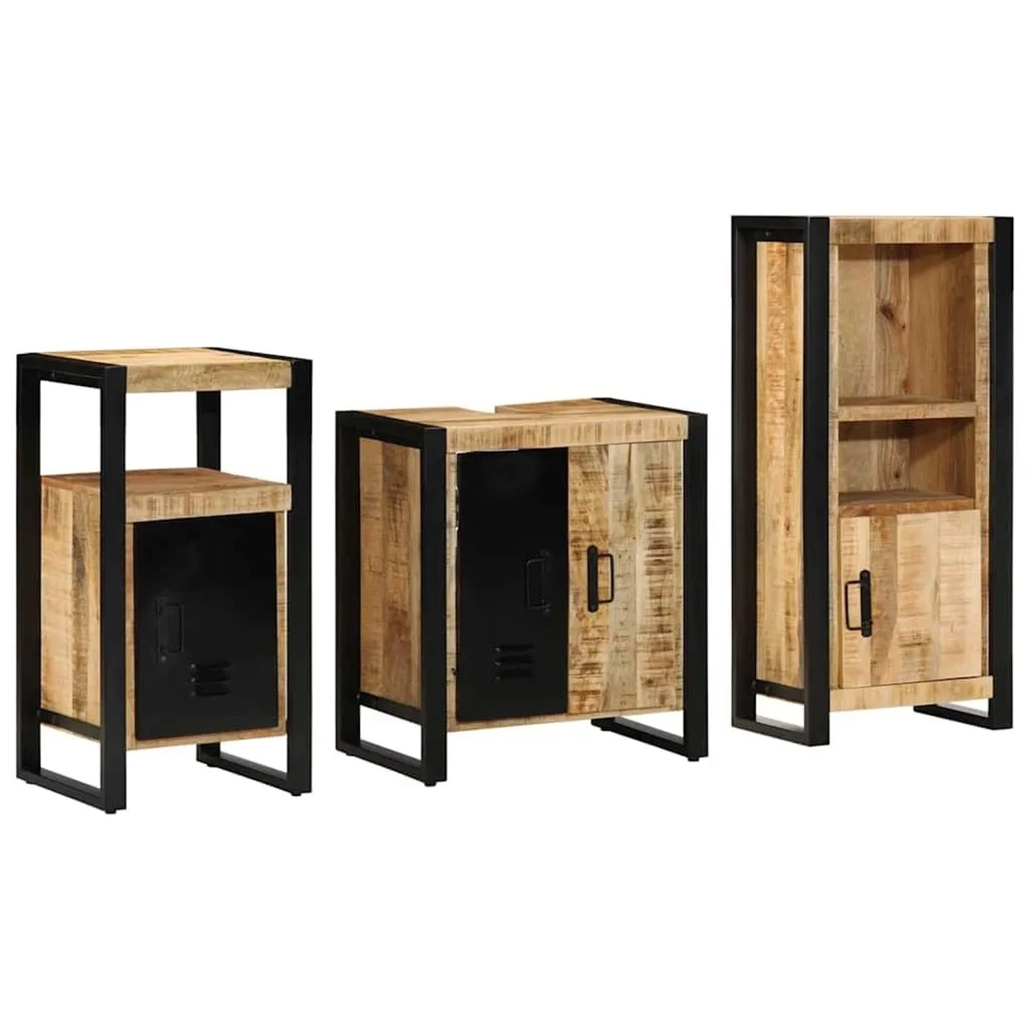 vidaXL Badezimmermöbel-Set 3 Tlg Braun und Schwarz Massivholz Mango 3305610