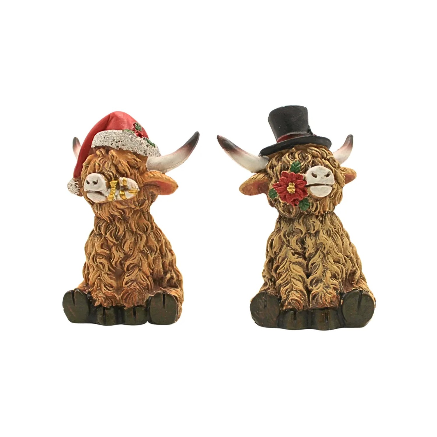 Dekohelden24 Highland Kuh Dekofiguren 2er Set aus Keramik Schottische Hochlandrinder mit Weihnachtsmütze und Zylinder Braun L/B/H 6 x 5 x 9 cm