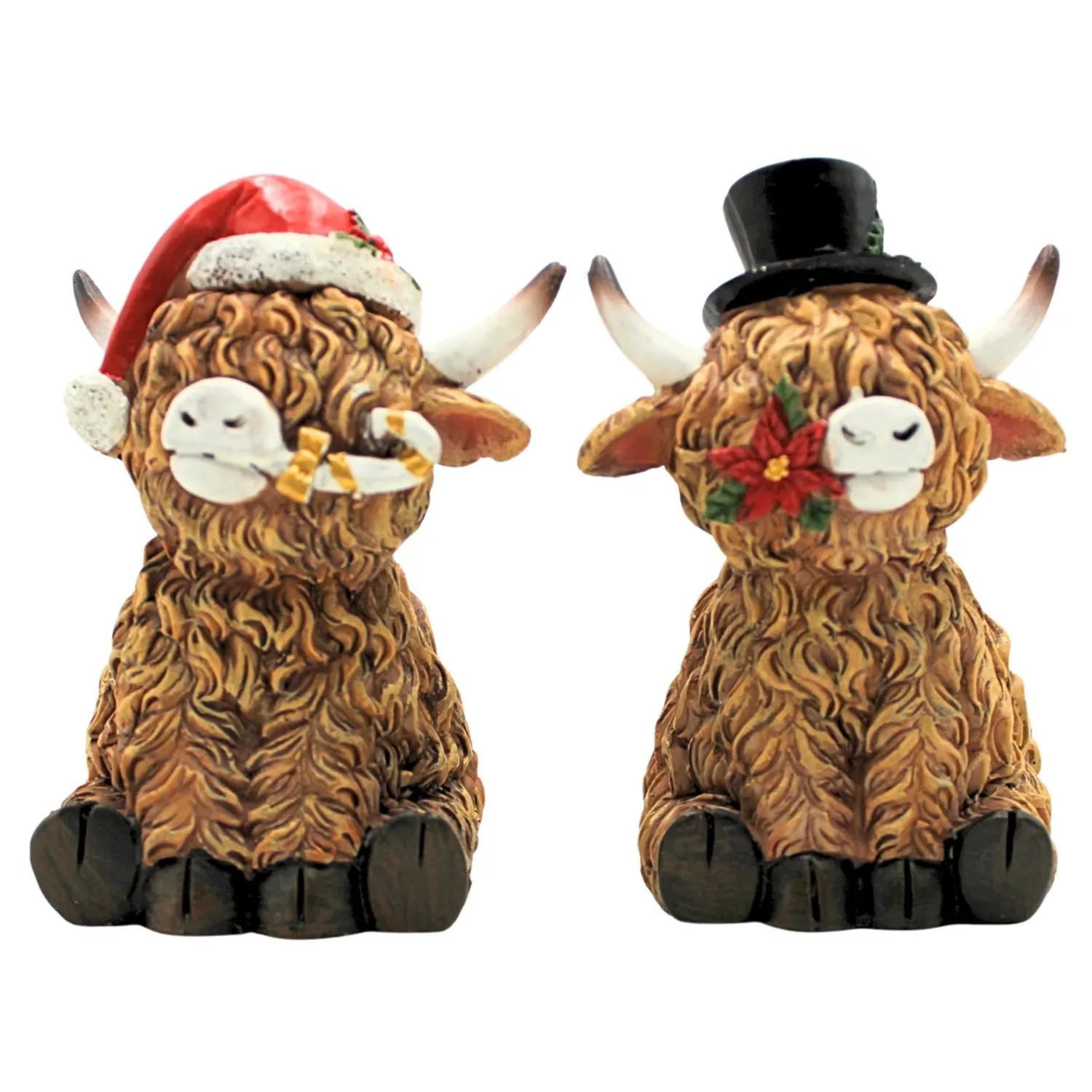 Dekohelden24 Highland Kuh Dekofiguren 2er Set aus Keramik Schottische Hochlandrinder Tierfiguren für Weihnachtsdeko in Braun L/B/H 9 x 9 x 13 cm