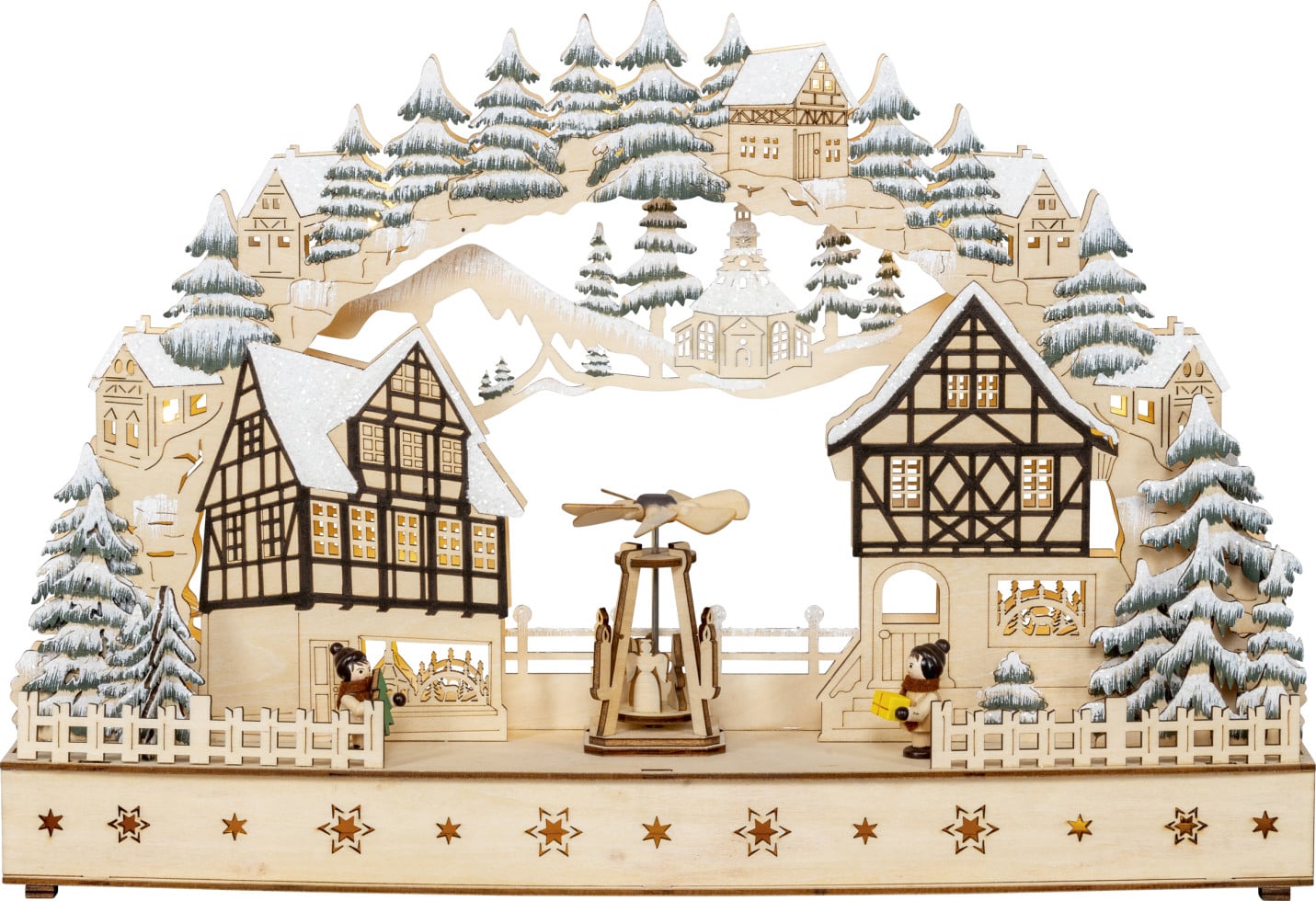Saico Lichterbogen LED Fachwerkhäuser mit drehender Pyramide Holz 45 cm warmweiß natur