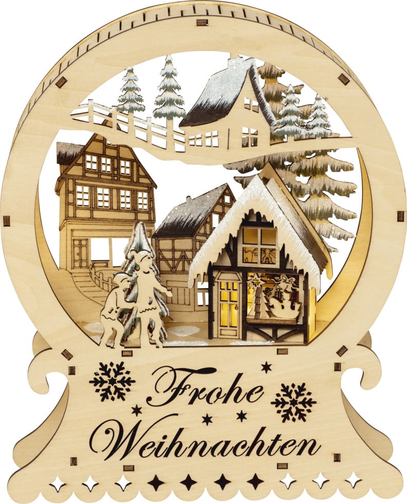 Saico Diorama Frohe Weihnachten mit Timer LED batteriebetrieben Holz 25 cm warmweiß natur