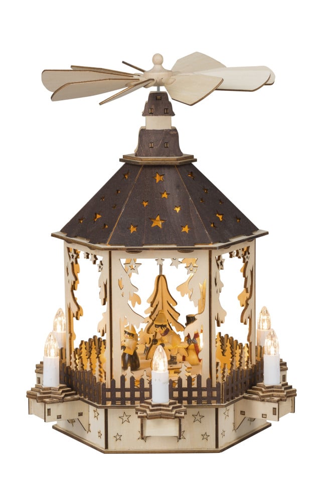 Saico LED-Weihnachtspyramide Schneemann mit Motor & Musik batteriebetrieben Holz 36 cm warmweiß natur
