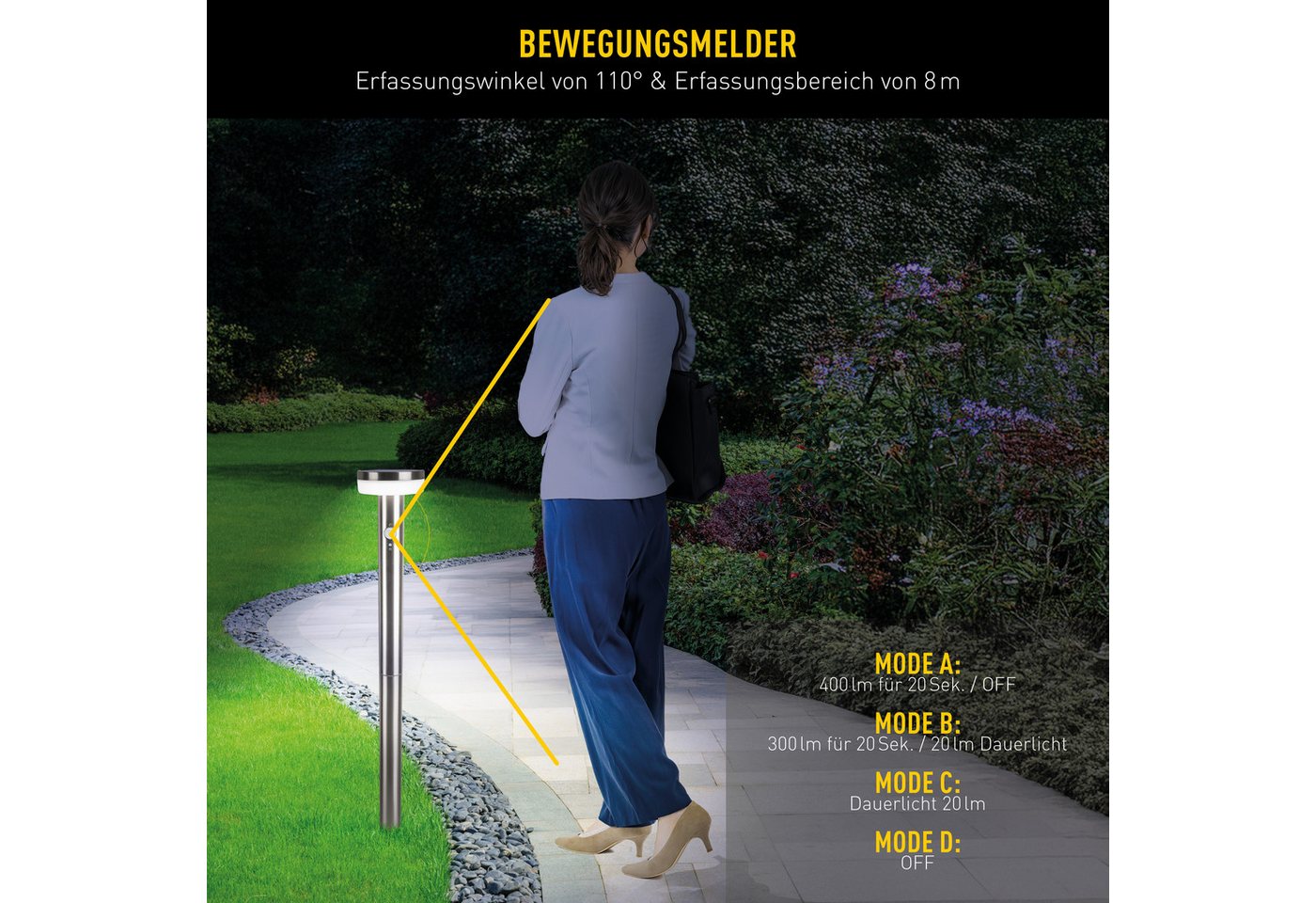 näve LED Solarleuchte Norcia, LED fest integriert, Warmweiß, inkl. Dämmerungssensor, Bewegungsmelder, Druckschalter, LED warmweiß Bild 5