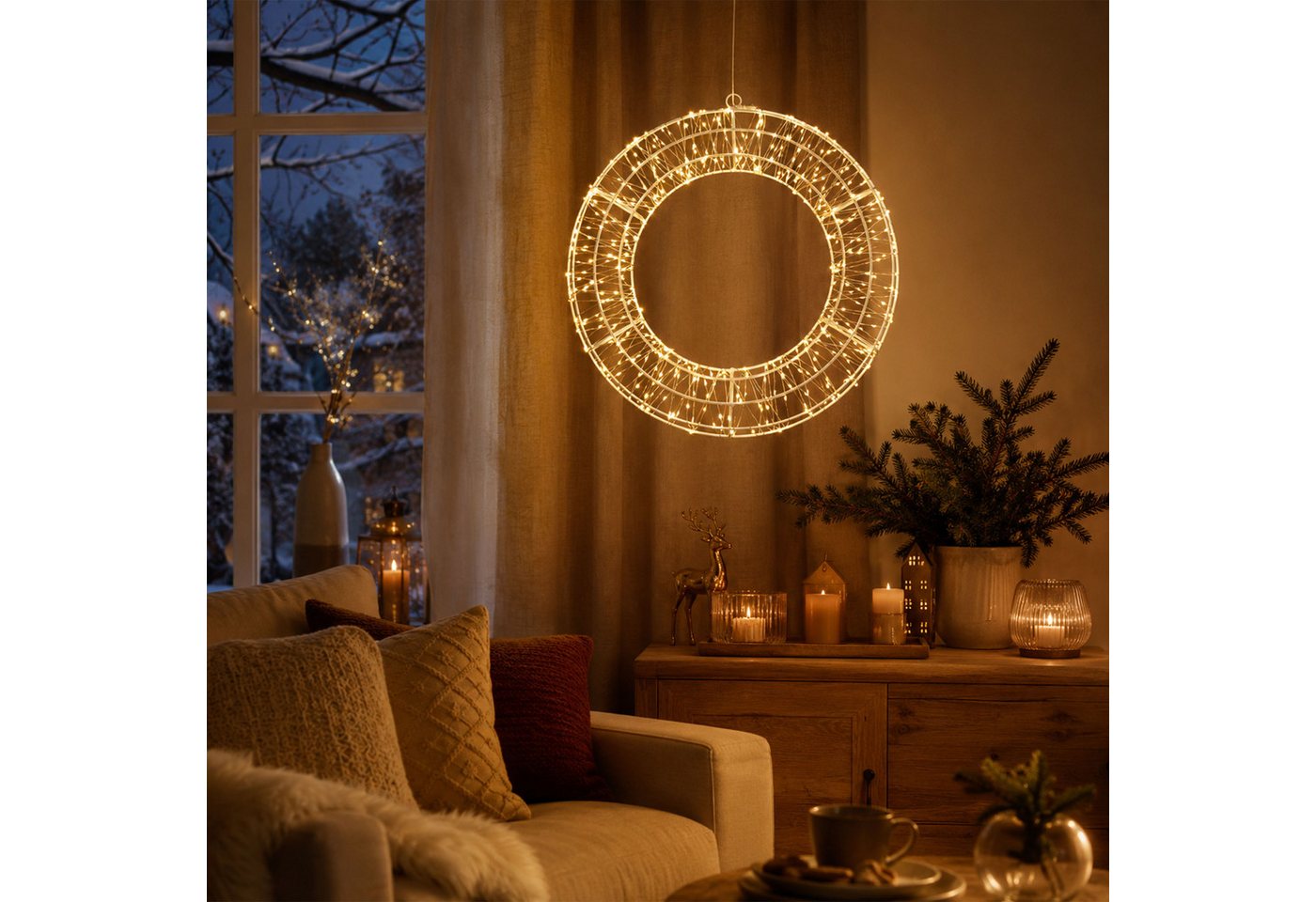 OTTO home LED Dekolicht LED Dekokranz GENNIA, Ein-/Ausschalter, LED fest integriert, Warmweiß, IP44, Metall, starke LED-Dichte, 3 m Zuleitung