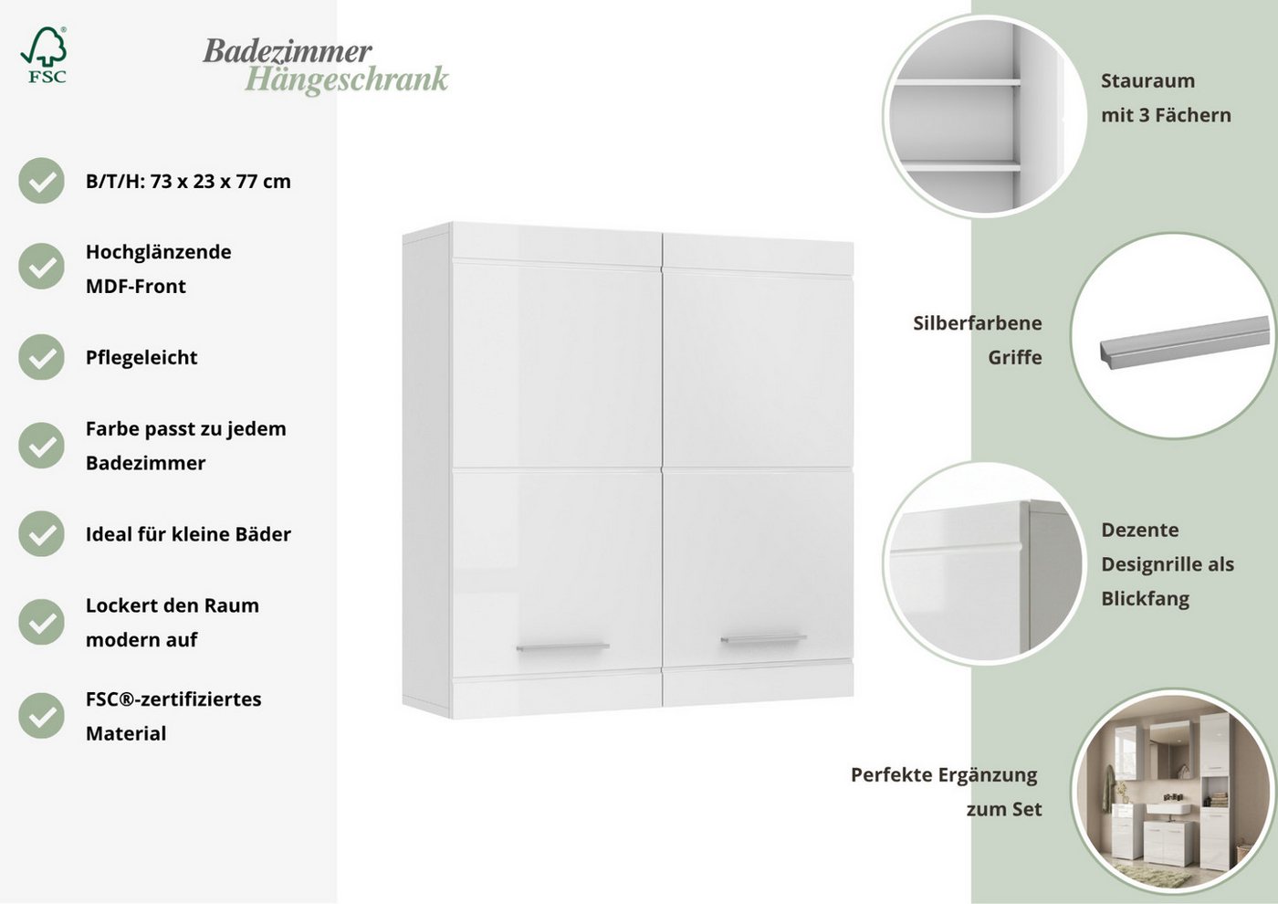 OTTO home Hängeschrank Föhr, Badschrank, Badezimmerschrank, Badmöbel Breite 72,8 cm, 2 Türen, minimalistisch, zeitlos, hochglänzend Bild 3