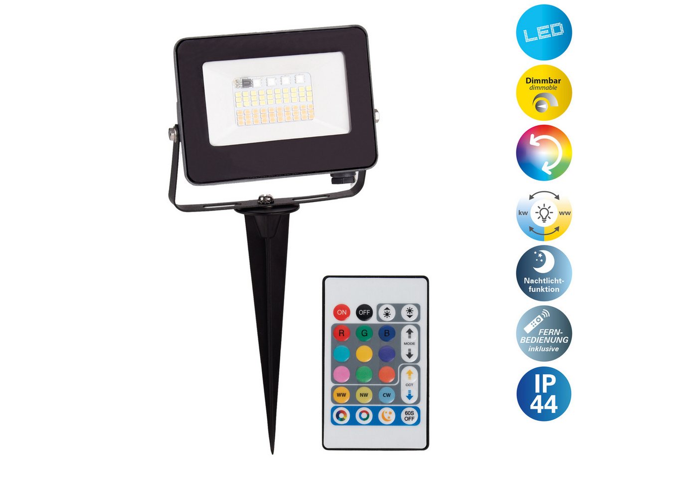 näve LED Gartenstrahler Pia, CCT - über Fernbedienung, Dimmfunktion, Farbwechsel, Fernbedienung, Infrarot inkl., Memoryfunktion, Nachtlichtfunktion, dimmbar über Fernbedienung, mehrere Helligkeitsstufen, LED fest integriert, RGB, warmweiß - kaltweiß, RGBW, Memory, Nachtlicht, dimmbar, Fernbedienung, Zuleitung 300cm Bild 2