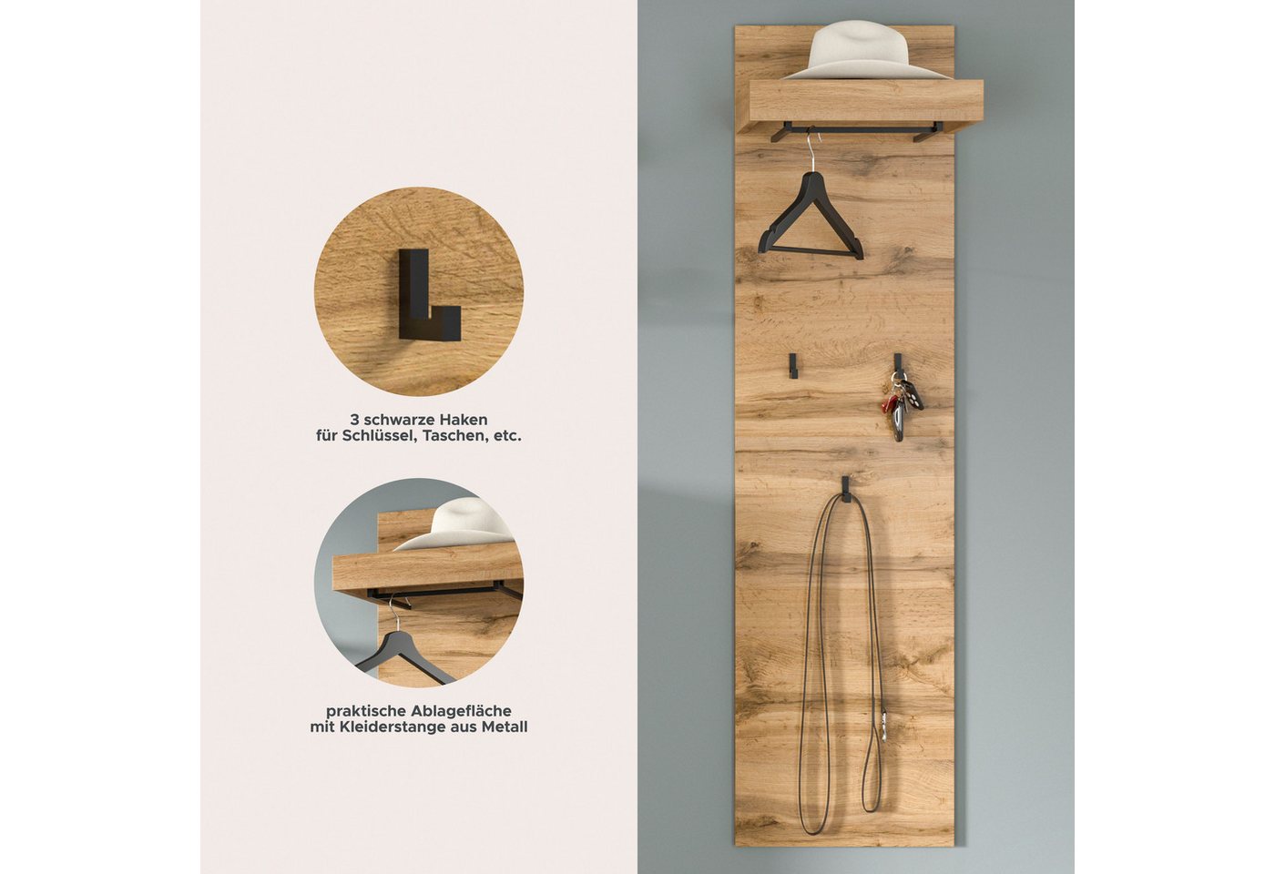 OTTO home Garderobenpaneel MAMBO II, Höhe 150cm, 1 Kleiderstange & Hutablage, 3 Haken (1 St., individuell mit weiteren Artikeln der Serie MAMBO kombinierbar), Paneel, Garderobe, Flur, Diele, Hakenleiste, Flurgarderobe Bild 4