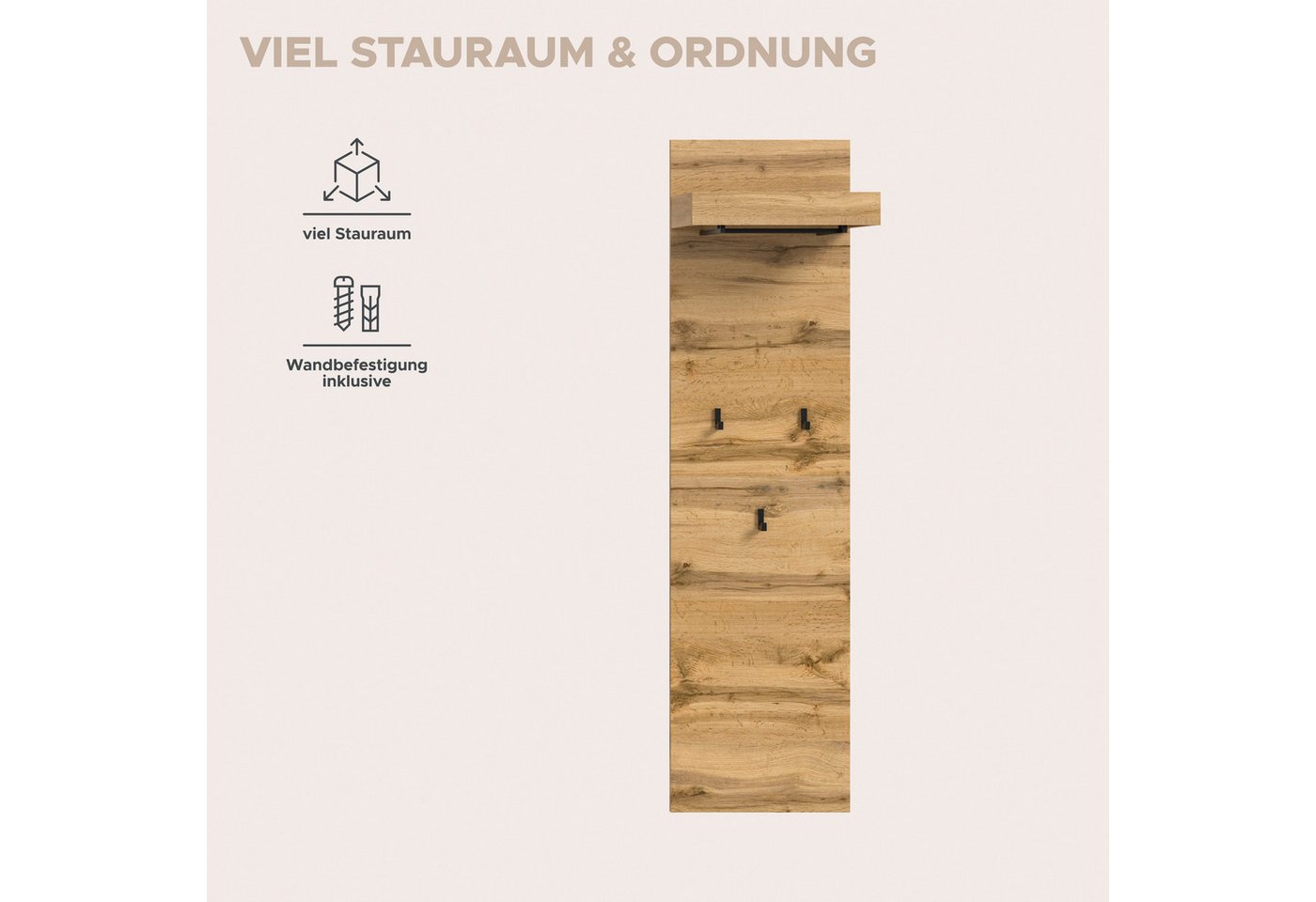 OTTO home Garderobenpaneel MAMBO II, Höhe 150cm, 1 Kleiderstange & Hutablage, 3 Haken (1 St., individuell mit weiteren Artikeln der Serie MAMBO kombinierbar), Paneel, Garderobe, Flur, Diele, Hakenleiste, Flurgarderobe Bild 5