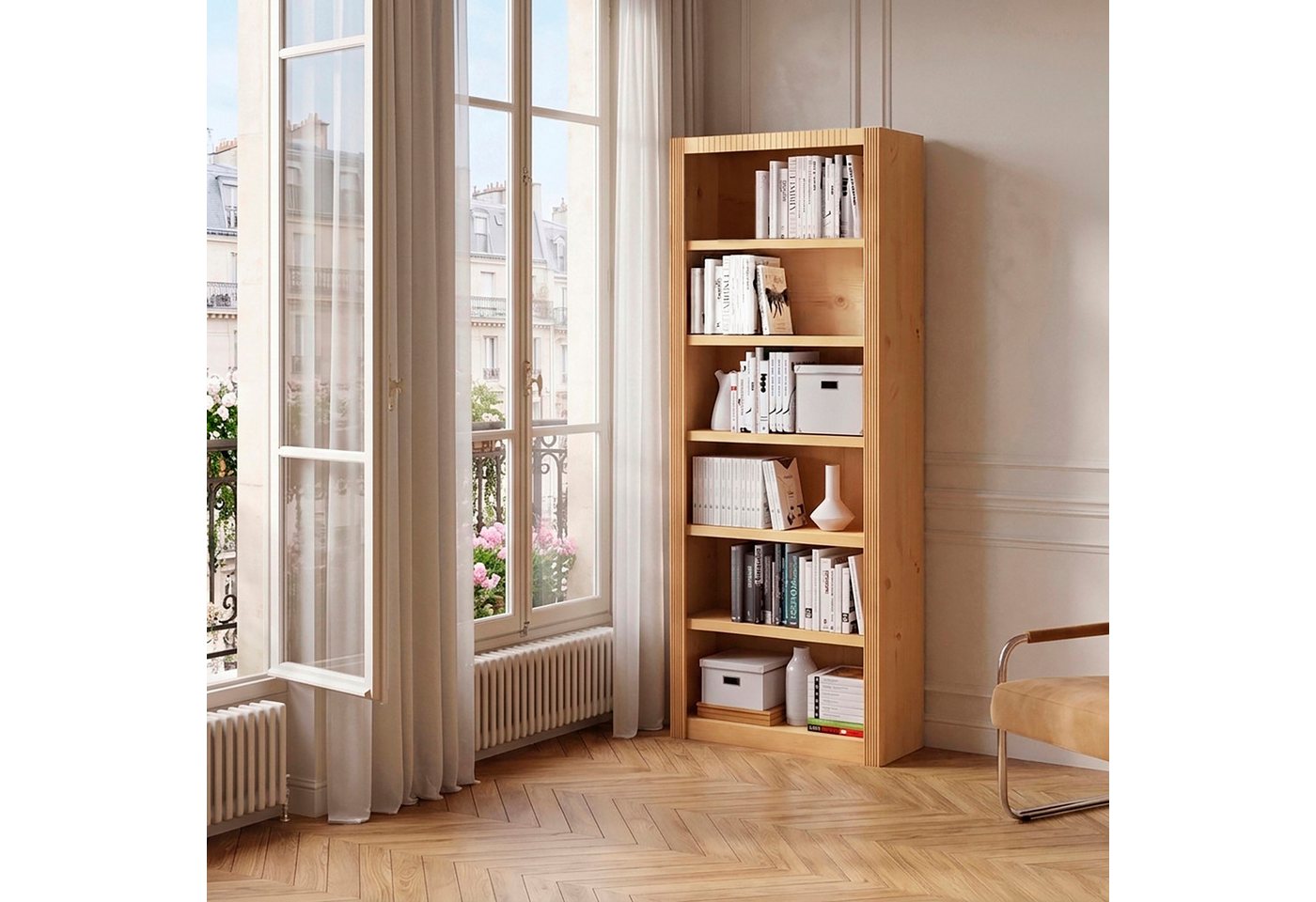 OTTO home Standregal Bergen Bücherregal mit 5 Einlegeböden und einer natürlichen Maserung, aus massivem Kiefernholz mit 6 Fächern, 82,5cm breit