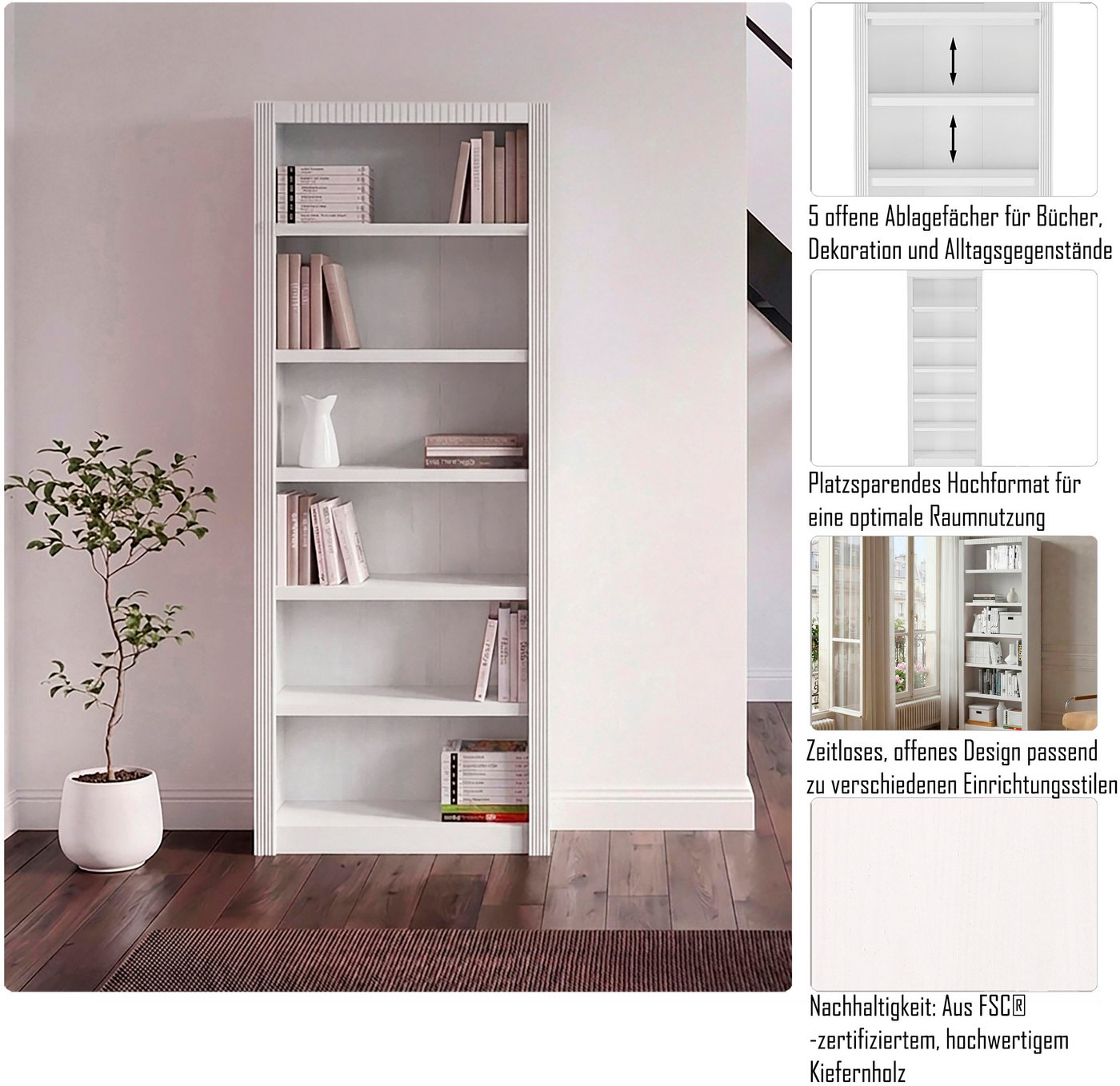 OTTO home Standregal Bergen Bücherregal mit 5 Einlegeböden und einer natürlichen Maserung, aus massivem Kiefernholz mit 6 Fächern, 82,5cm breit Bild 4