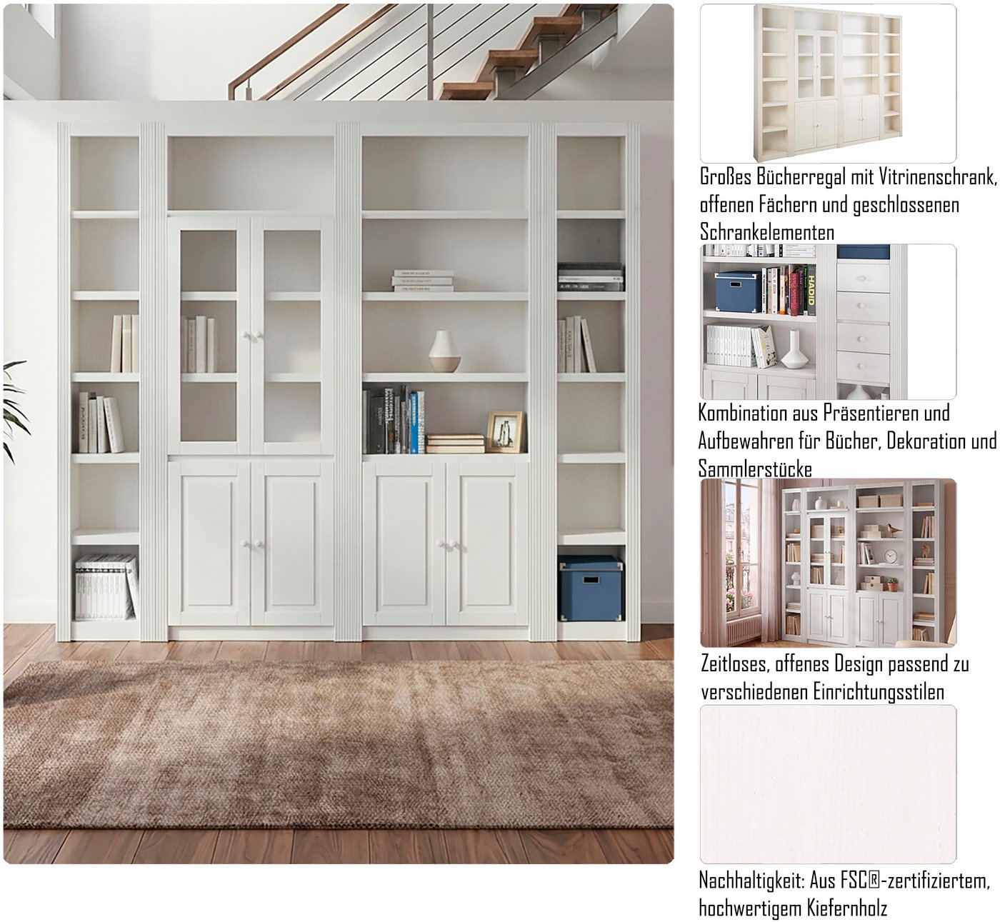 OTTO home Bücherwand Bergen Bücherregal mit 1 Vitrine, offene und geschlossene Fächer, massives Kiefernholz, natürlichen Maserung, Knopfgriffe, Breite 255 cm Bild 2